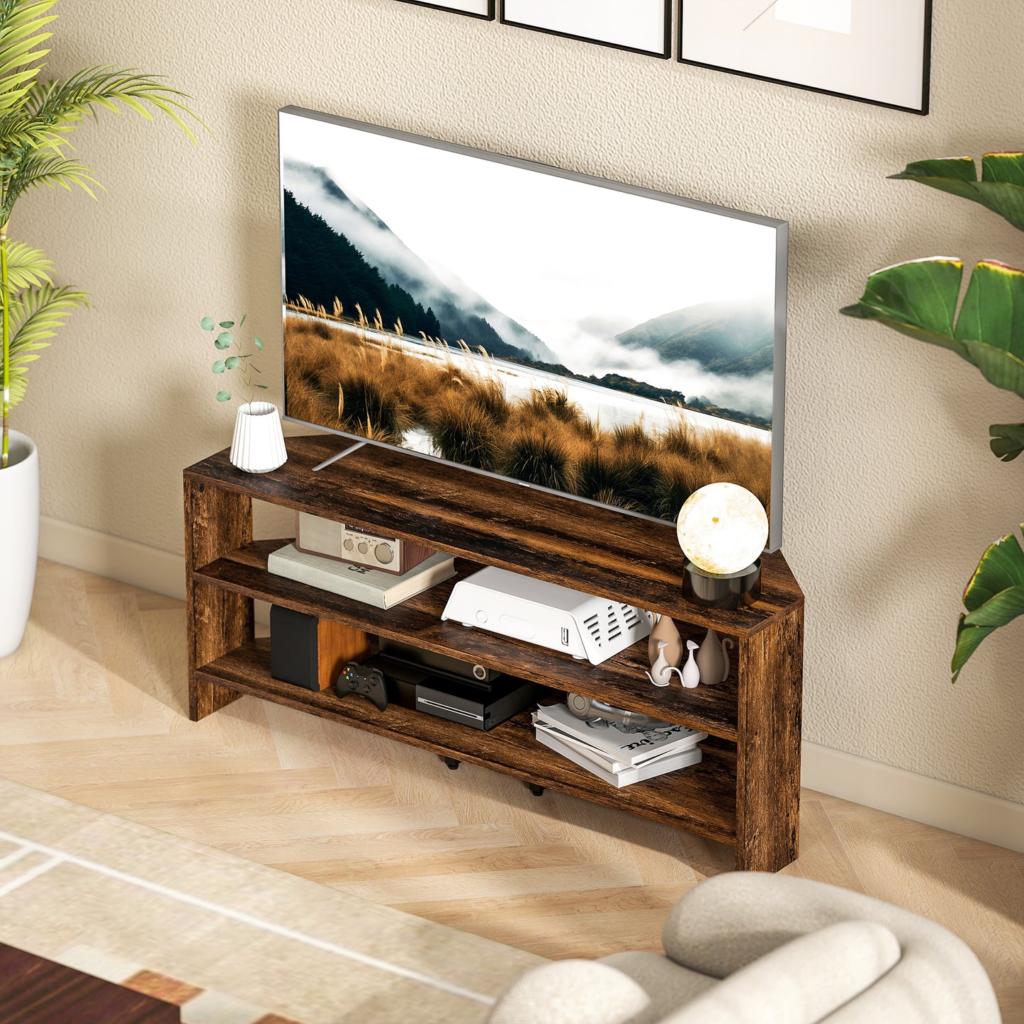 HOMCOM Corner TV Stand with 2 Open Shelves for 47 Inch TV - Rustic Brown