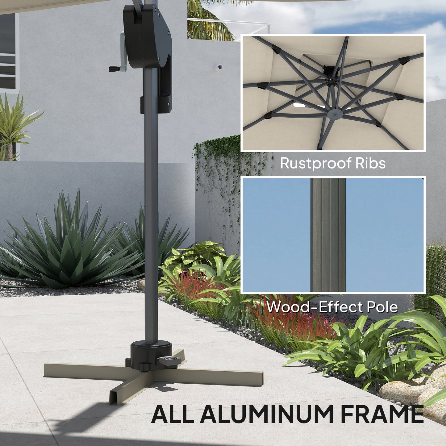 Outsunny 3.7 x 2.7 m Cantilever Parasol w/360° Rotation and Easy Tilt Adjustment, Aluminium Hanging Offset Outdoor Umbrella w/Double Top, Cross Base, UPF50+ Hanging Sun Shade, Grey Wood Effect Pole