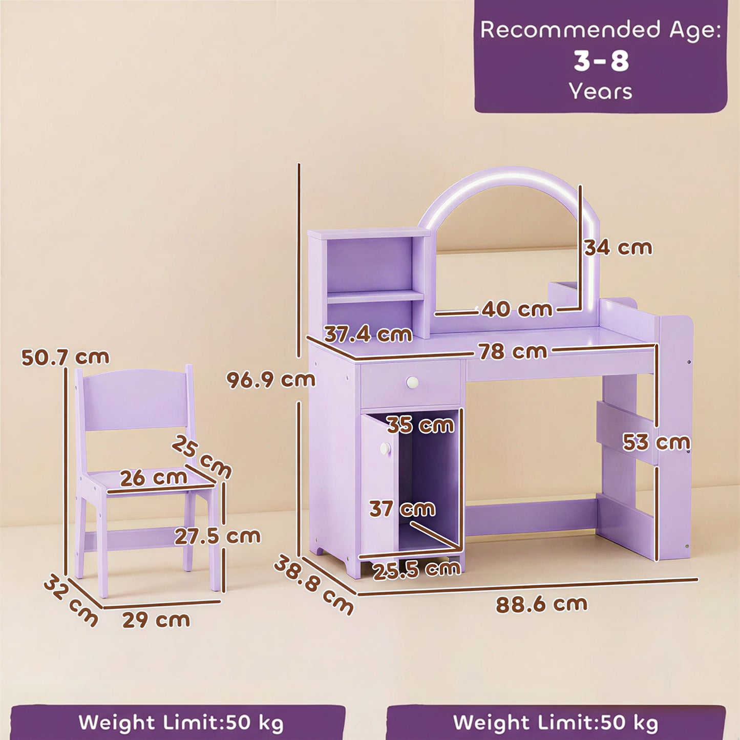 AIYAPLAY Kids Vanity Table and Chair Set, Girls Dressing Table with 2-Colour LED Mirror, Stool, Cabinet, Drawer, Shelves, Purple