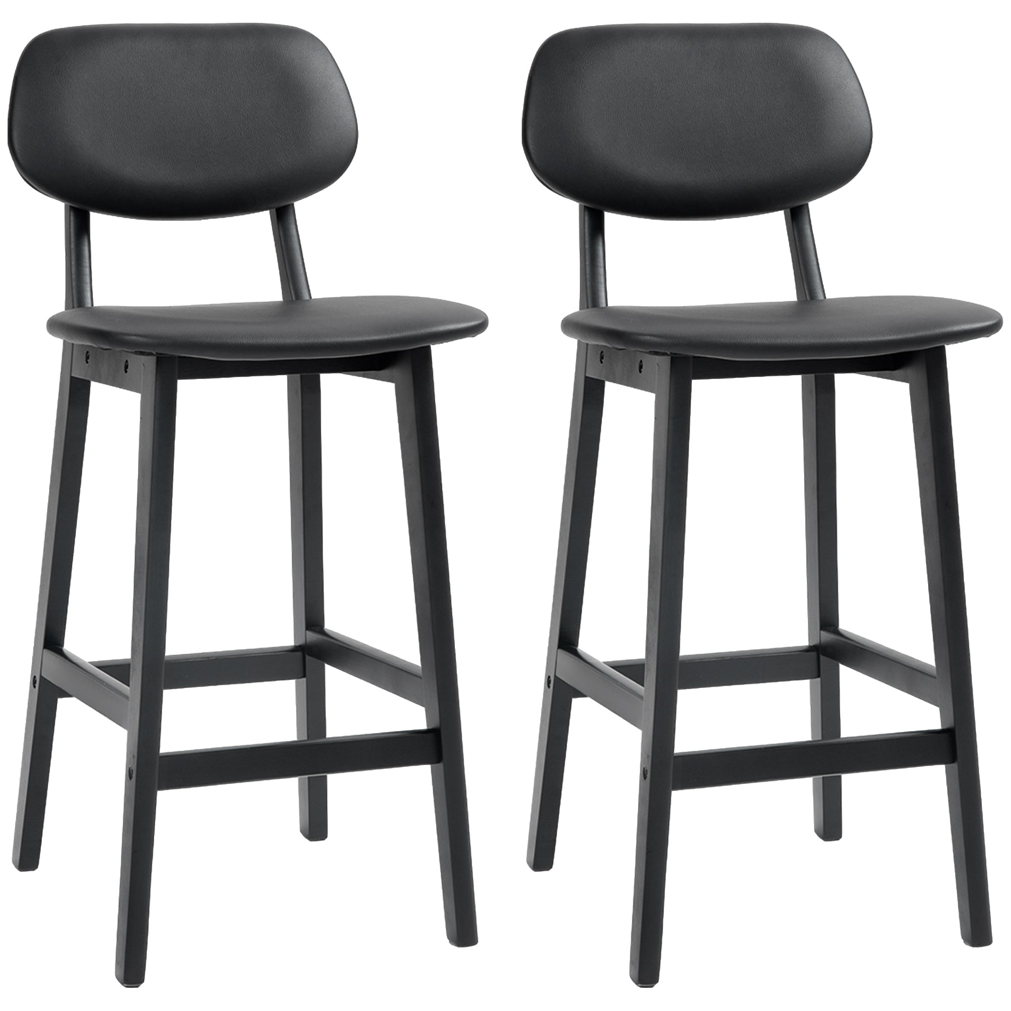 HOMCOM Set of Two Wooden Classic Bar Stools, with Faux Leather Seats ...