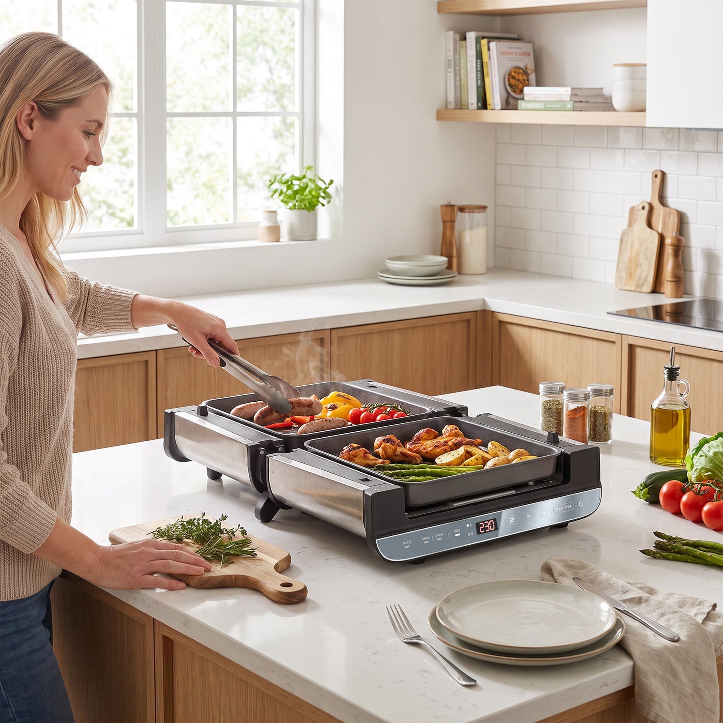 HOMCOM 3-in-1 Electric Mini Oven, Long Slot Toaster and Tabletop Grill, with LED Display, 60 Min Timer, Stainless Steel, 1700W
