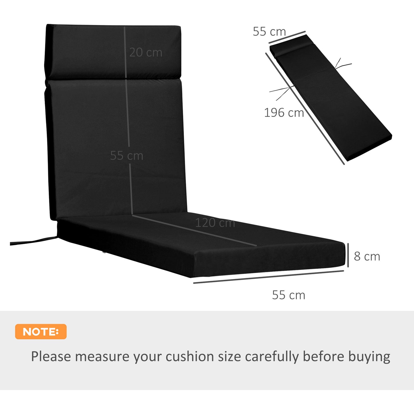 Outsunny Set of 2 Sun Lounger Cushions, Replacement Cushions for Rattan Furniture with Ties, 196 x 55 cm, Cushion ONLY, Black