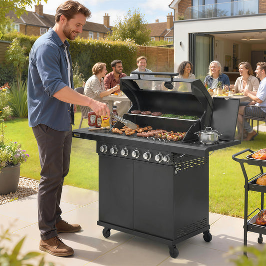 Outsunny 6+1 Burner Gas BBQ Grill, Outdoor Barbecue Trolley with Wheels, Warming Rack, Thermometer, Bottle Opener, Black