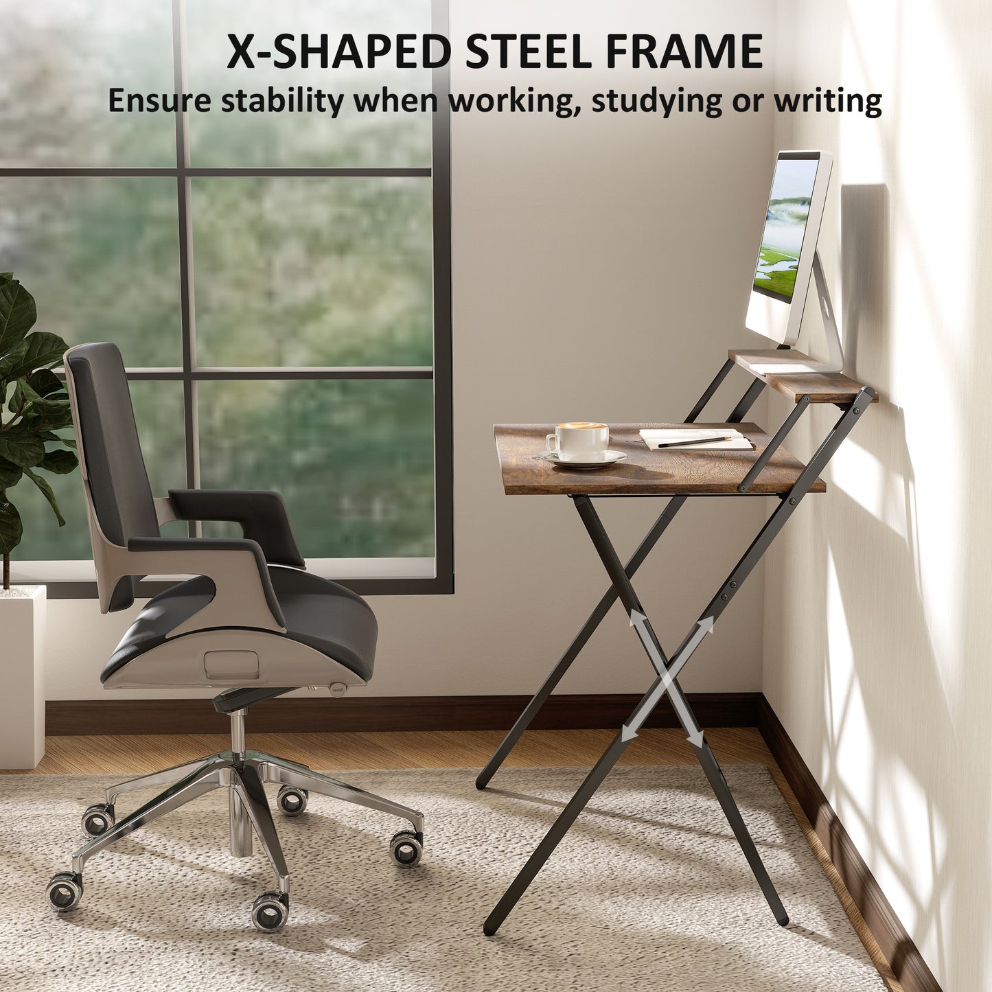 HOMCOM 81.5 cm Folding Computer Desk with Monitor Shelf - Rustic Brown