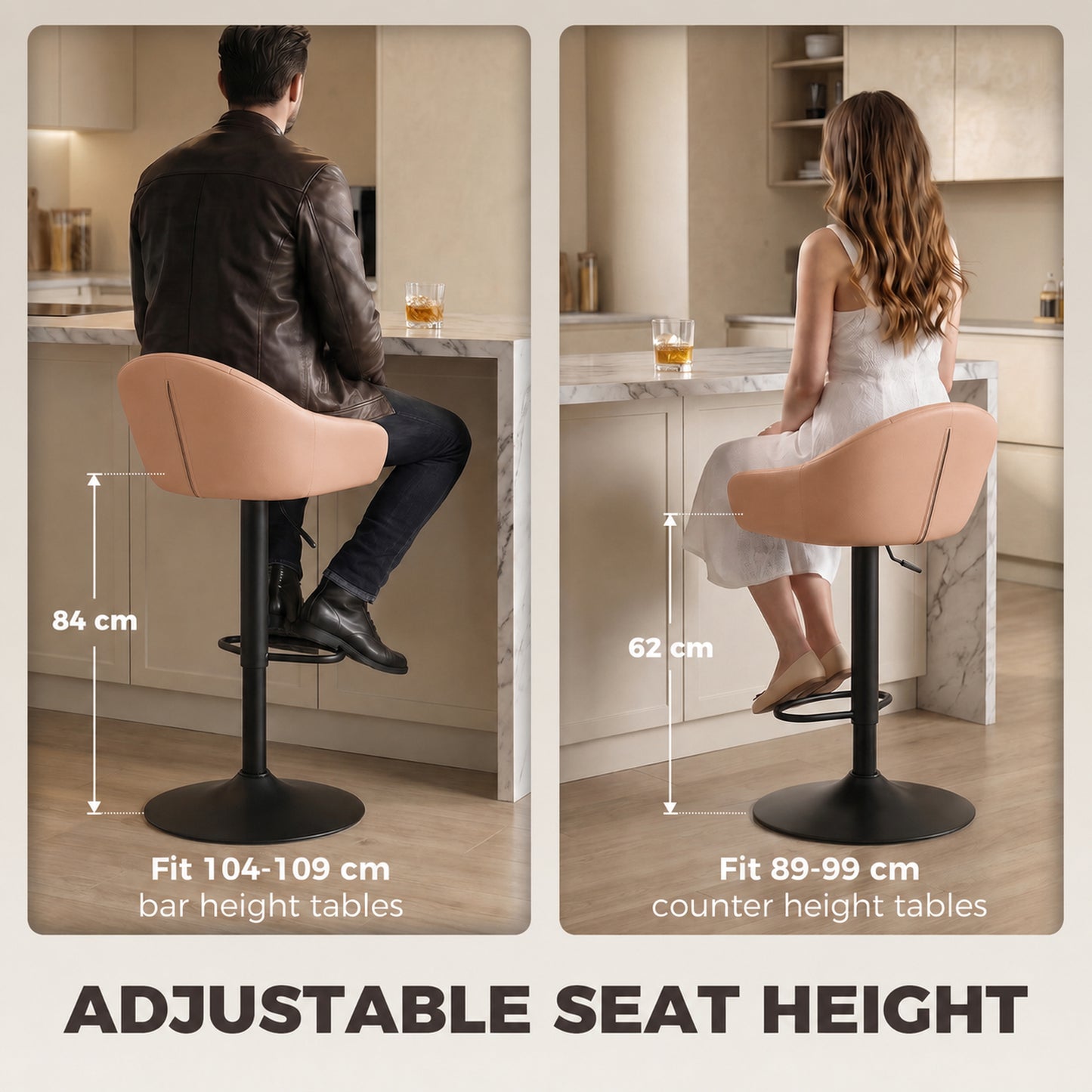 HOMCOM Bar Stools Adjustable Heights Breakfast Bar Stools Backrest Armrests Set of 2, Brown