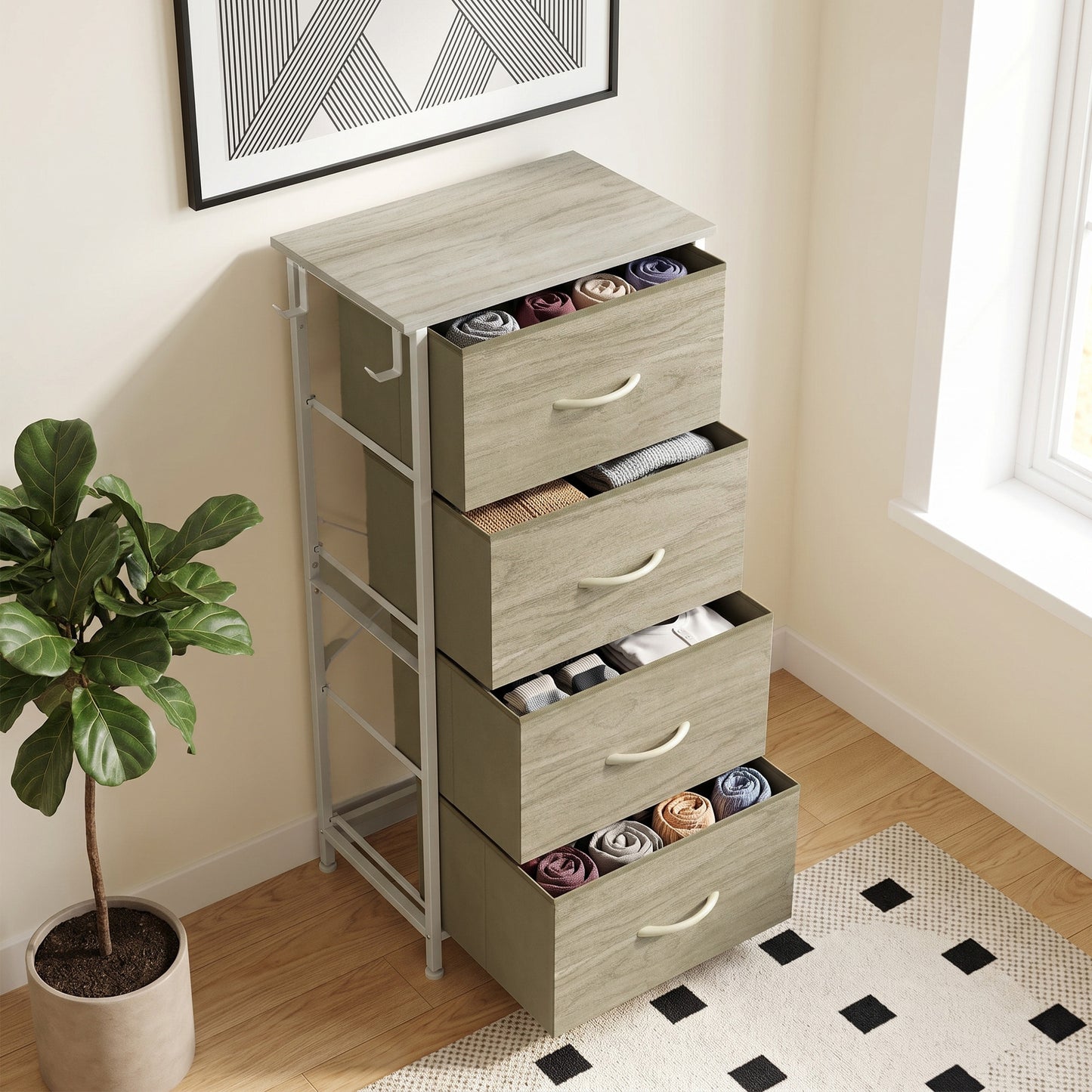 HOMCOM Chest of Drawers, Dresser with 4 Fabric Drawers, Tall Storage Unit with 4 Pockets and 2 Hooks, Steel Frame, Natural Wood