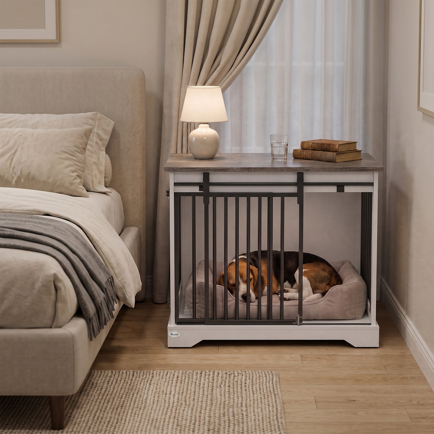 PawHut 80 cm Dog Crate Furniture with Sliding Barn Door for Medium Dogs, White
