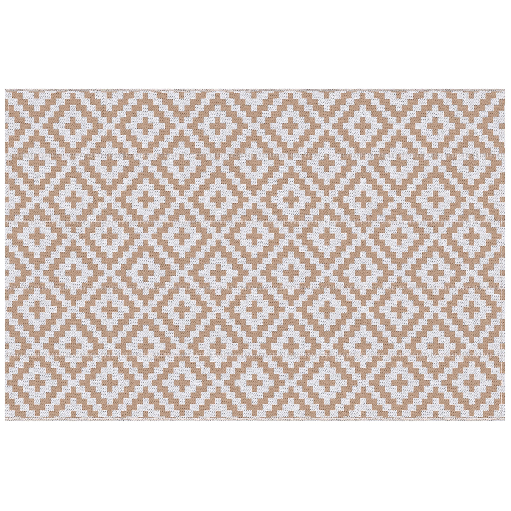 Outsunny Reversible Outdoor RV Rug, Patio Floor Mat, 274 x 182 cm Plastic Straw Rug for Garden, terrace, Beach, Camping, Coffee & White