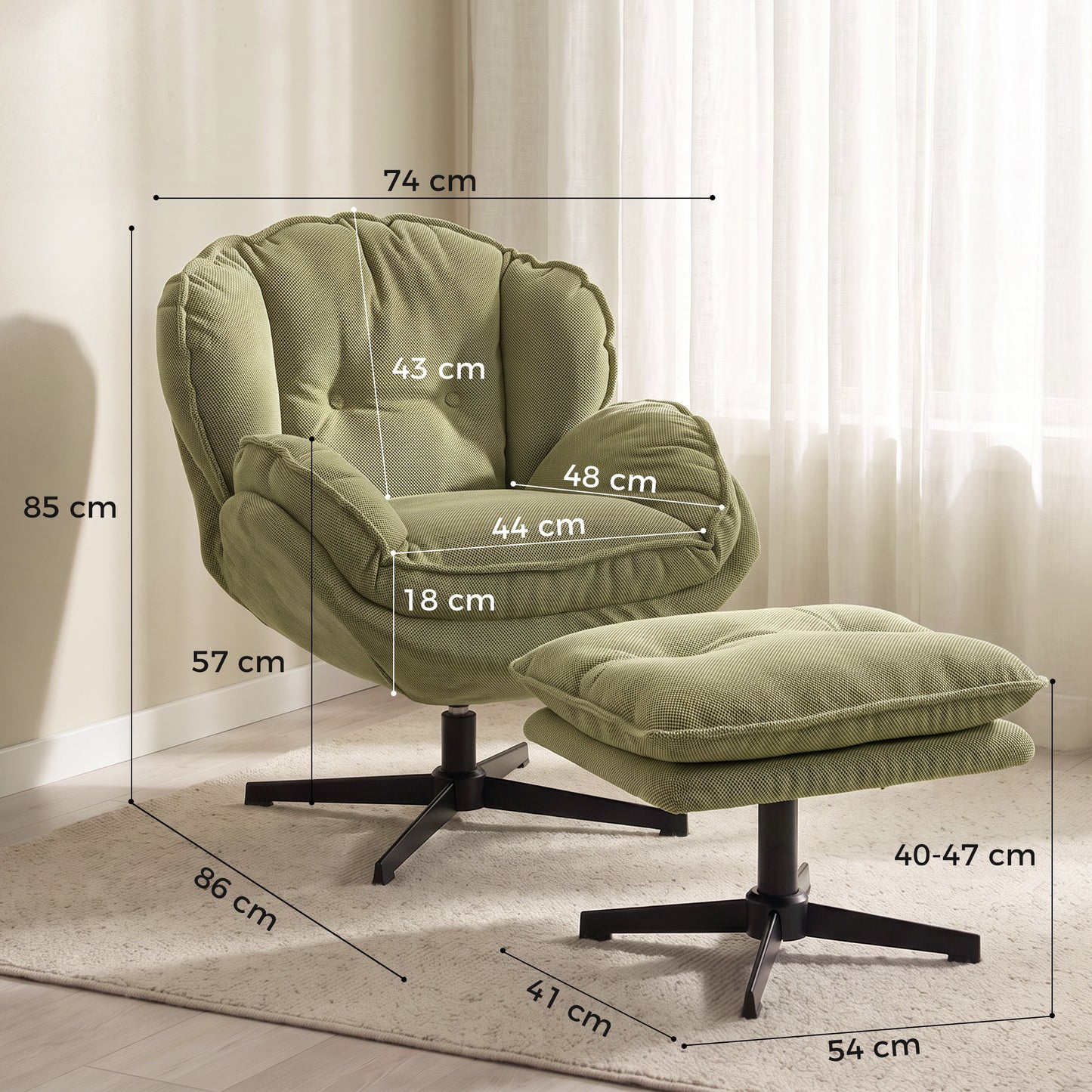 HOMCOM Armchair with Adjustable Footstool, 360Â° Swivel Chenille Cloud Accent Chair with Thick Cushion, Steel Base, Green