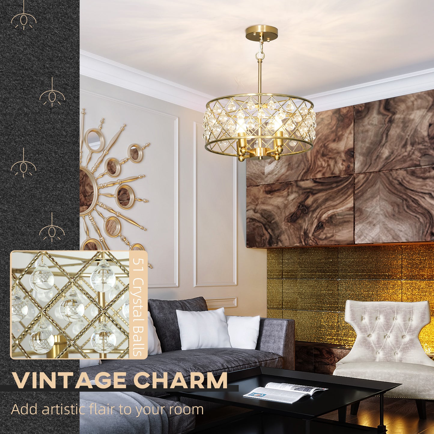 HOMCOM 51 Crystallite Four-Bulb Chandelier - Gold-Tone