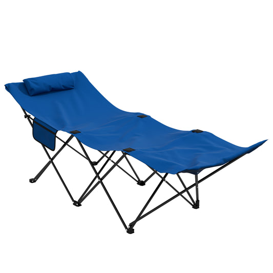 Outsunny Camping Bed for Adults, Single Folding Camp Bed, Portable Camping Cot with Side Pocket, Headrest and Oxford Seat for Outdoor, Travel, Fishing, Dark Blue