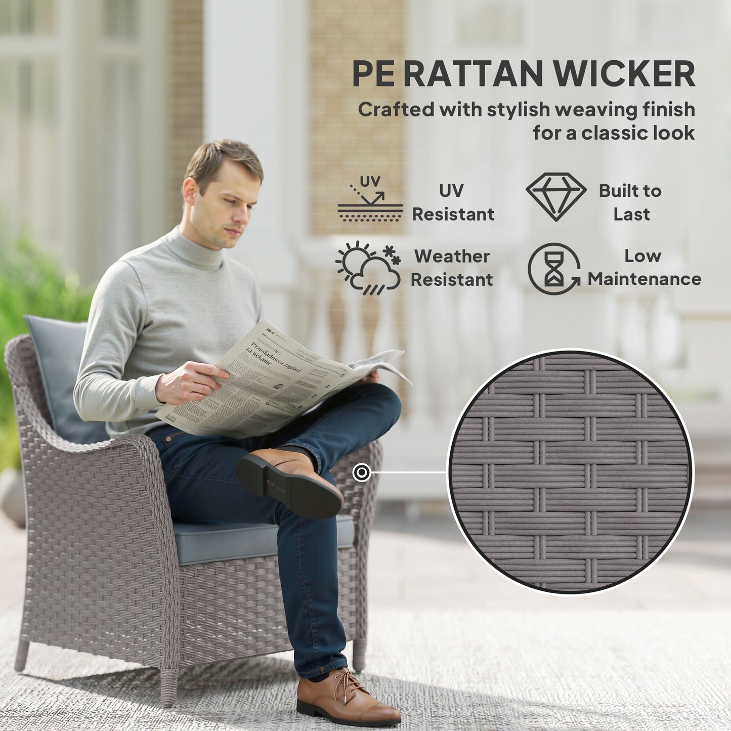 Outsunny Rattan Garden Chairs Set of 2, Outdoor Rattan Chairs with Cushions, Armrests and High Back, PE Wicker Garden Armchair with Steel Frame for Balcony, Porch, Light Grey