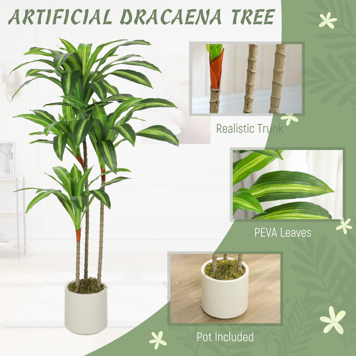 HOMCOM 120cm Artificial Dracaena Tree with Bendable Trunks - Green
