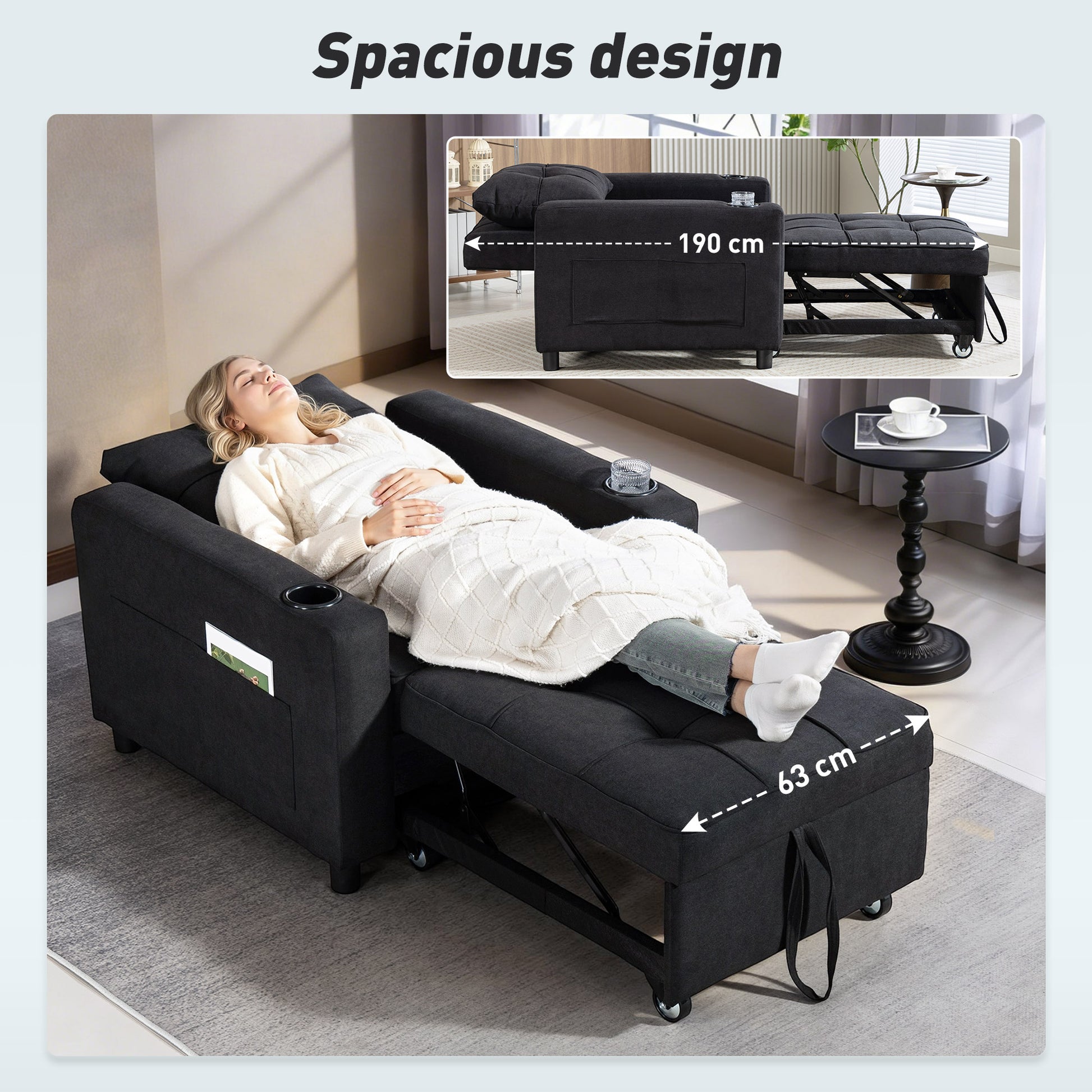 HOMCOM 3-in-1 Single Sofa Bed, Convertible Sleeper Chair Bed - Black