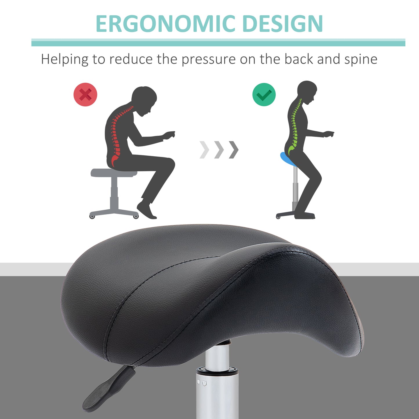 HOMCOM Cosmetic Stool 360Â° Rotate Height Adjustable Salon Massage Spa Chair Hydraulic Rolling Faux Leather Saddle Stool Mobility, Black