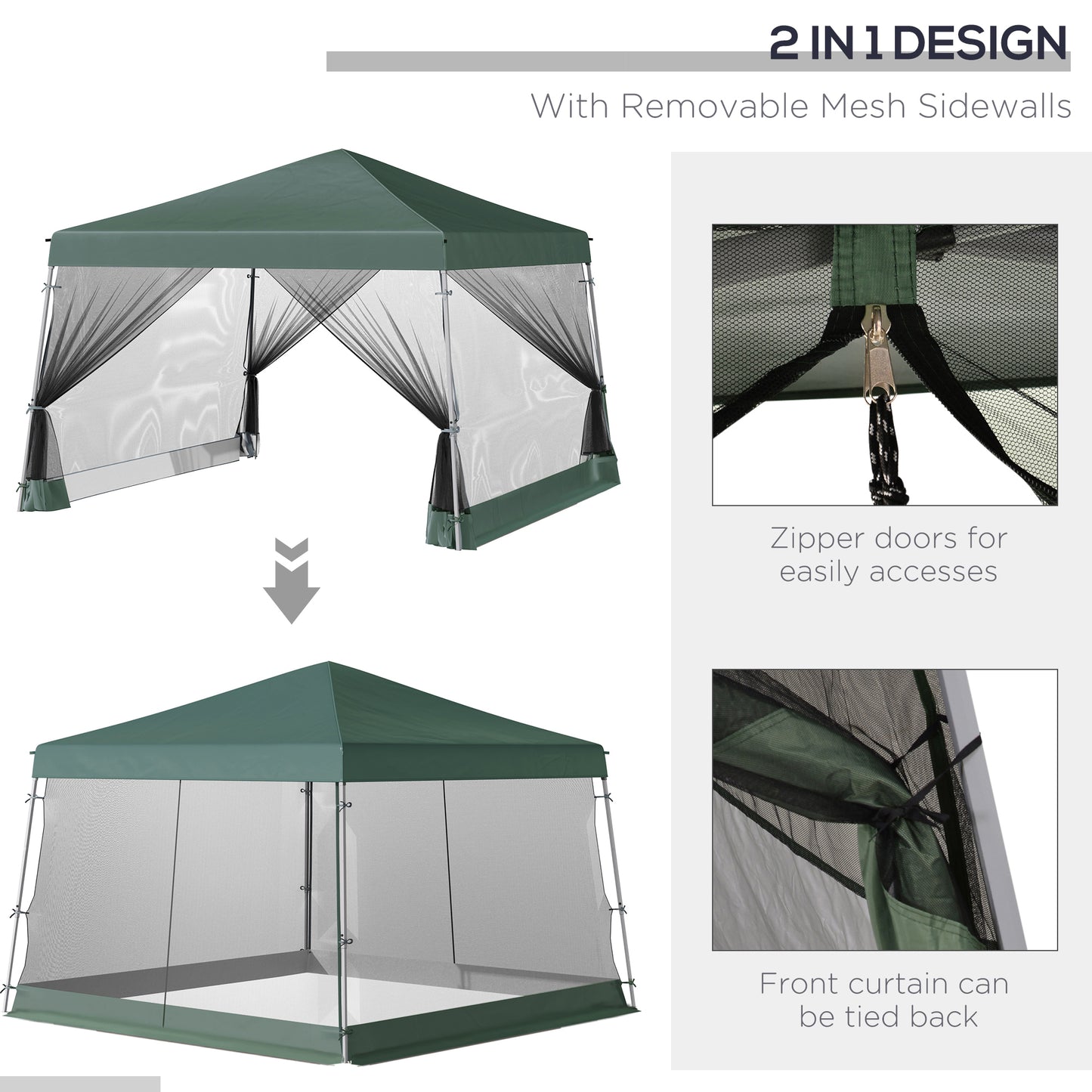 Outsunny Outdoor Garden Pop-up Gazebo Canopy Tent Sun Shade Event Shelter Folding with Adjustable Height, Mesh Screen Side Walls 3.5 M Ã— 3.5 M Base / 3 M Ã— 3 M Top, Green