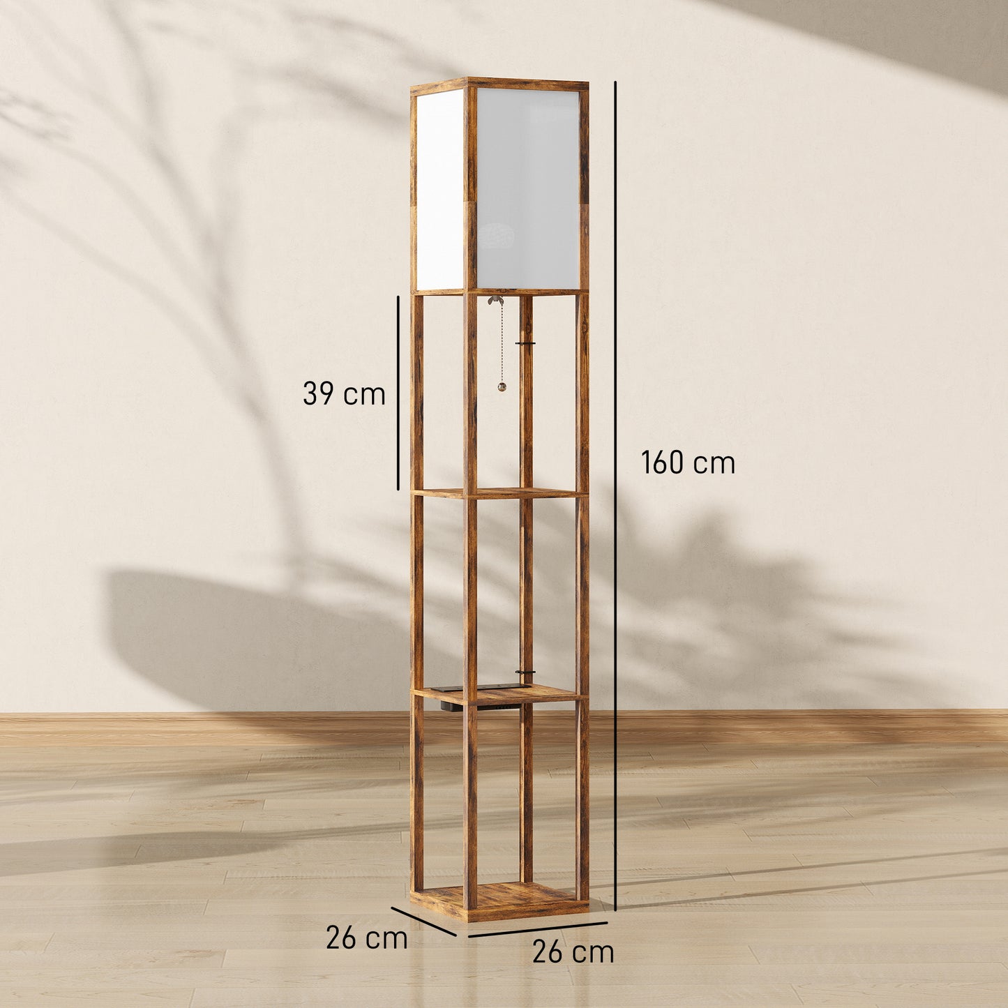 HOMCOM Floor Lamp with Shelves, 4 Layer Standing Lamp with USB Ports, 3 Colour Temperature, Rustic Brown