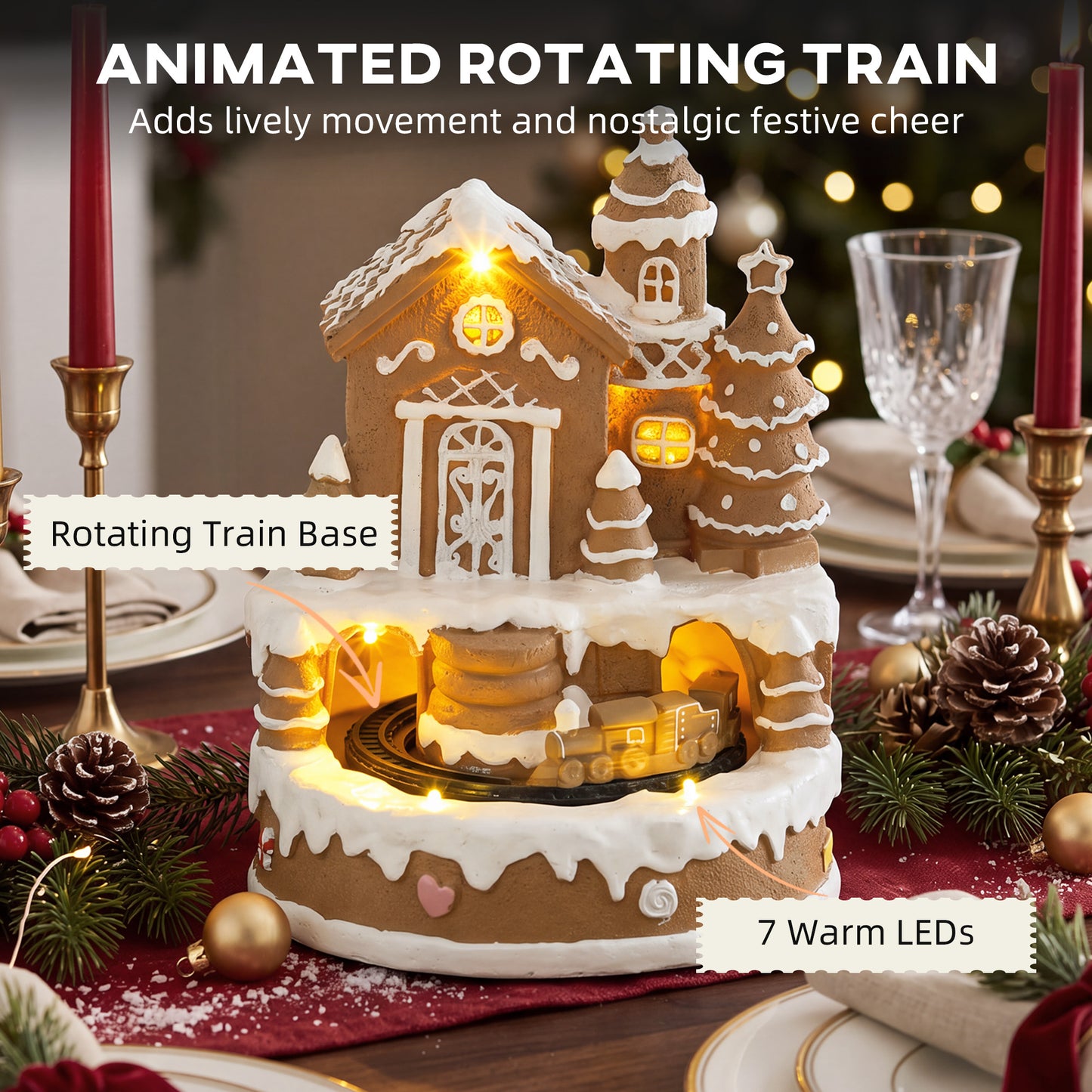 HOMCOM Christmas Gingerbread House, Lighted Musical Snow Village with Rotating Train, LEDs, Tunes, Battery Operated