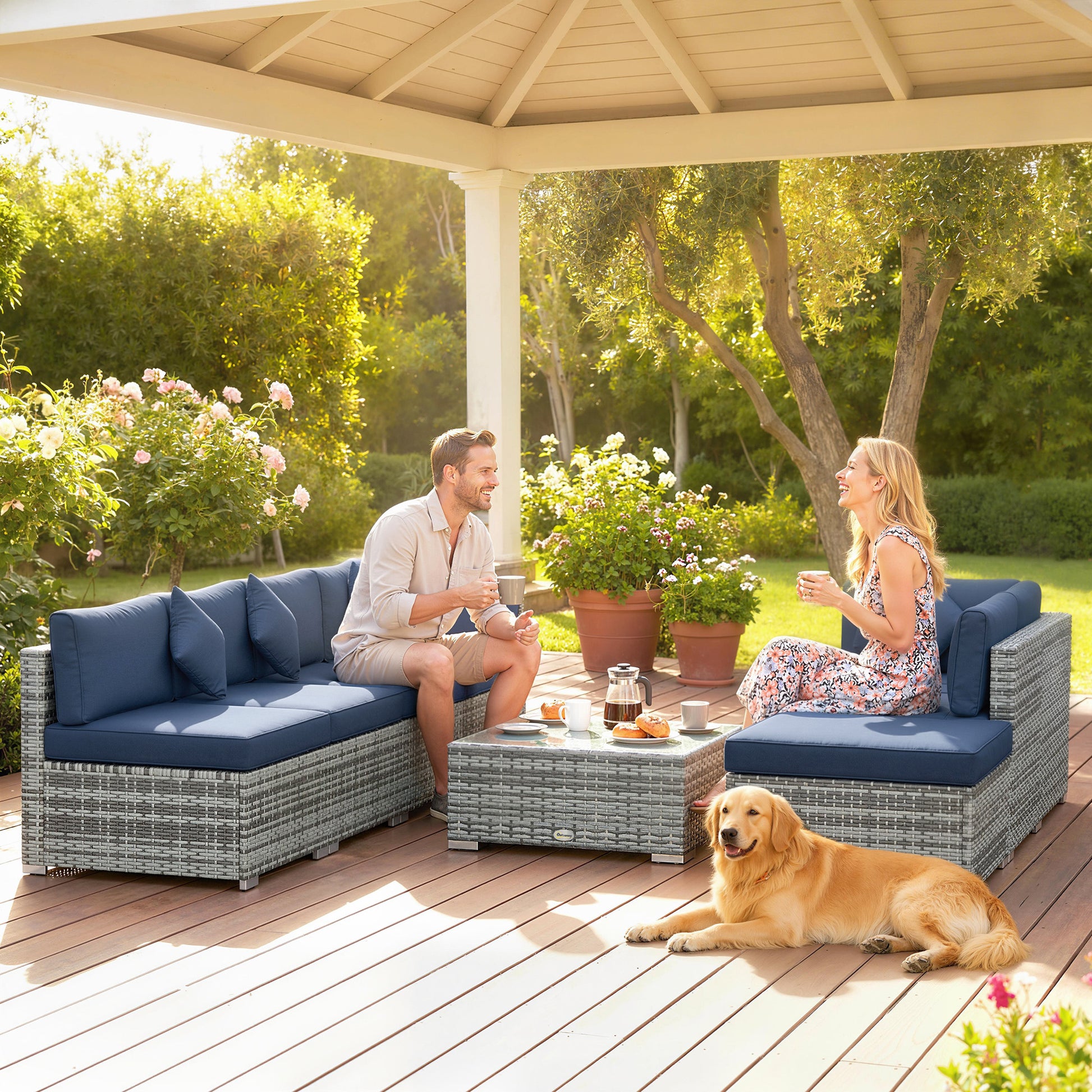 Outsunny 8 Pieces PE Rattan Corner Sofa Set, Outdoor Garden Furniture Set, Patio Wicker Sofa Seater with Cushion, Dark Blue