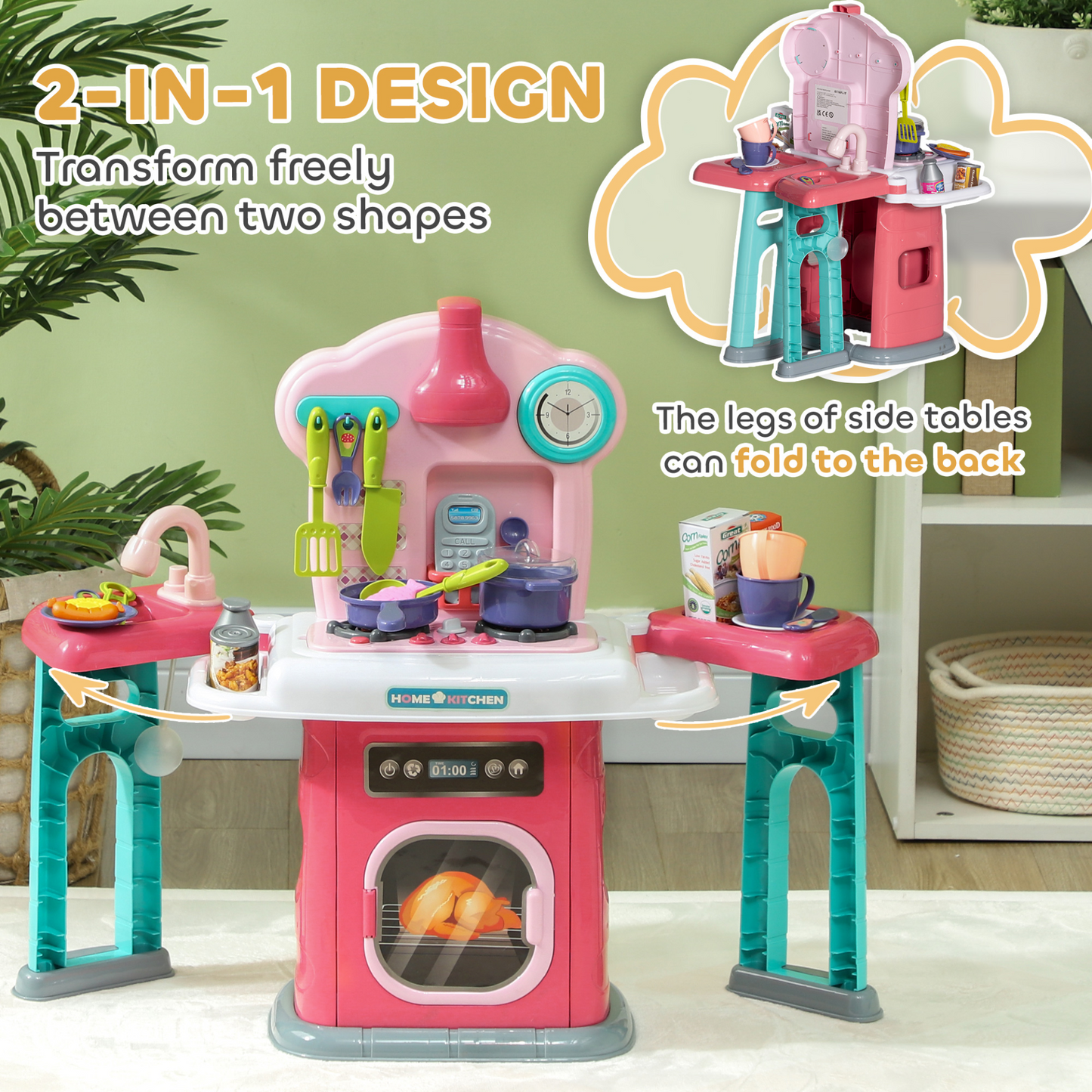 AIYAPLAY Toy Kitchen, 45 Pieces Kids/Toddler Pretend Role Play Kitchen with Rotating Side Tables with Light, Sounds, Spray Effect for Children 3-6 Years in Pink