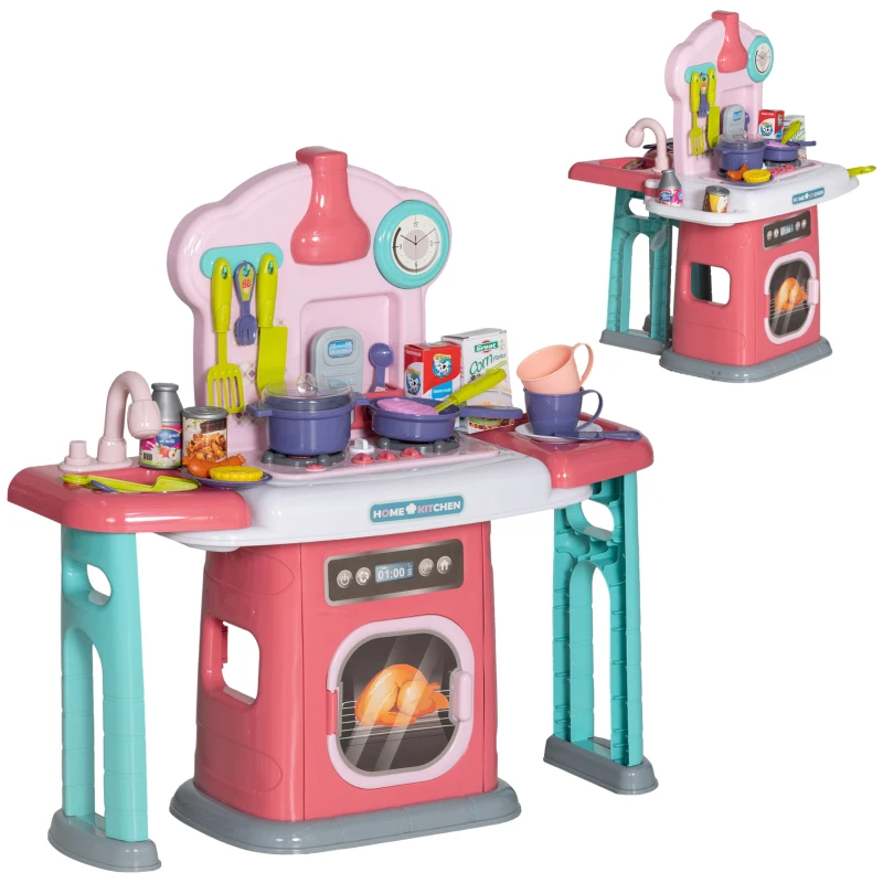 AIYAPLAY Toy Kitchen, 45 Pieces Kids/Toddler Pretend Role Play Kitchen with Rotating Side Tables with Light, Sounds, Spray Effect for Children 3-6 Years in Pink