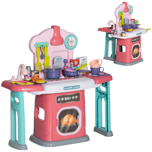 AIYAPLAY Toy Kitchen, 45 Pieces Kids/Toddler Pretend Role Play Kitchen with Rotating Side Tables with Light, Sounds, Spray Effect for Children 3-6 Years in Pink