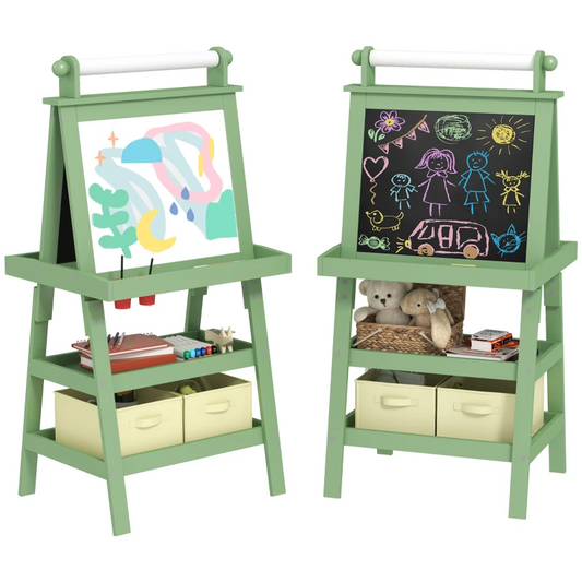 AIYAPLAY 3 in 1 Kids Easel Double-Sided Magnetic Whiteboard and Chalkboard with Paper Roll, Storage Baskets in Green