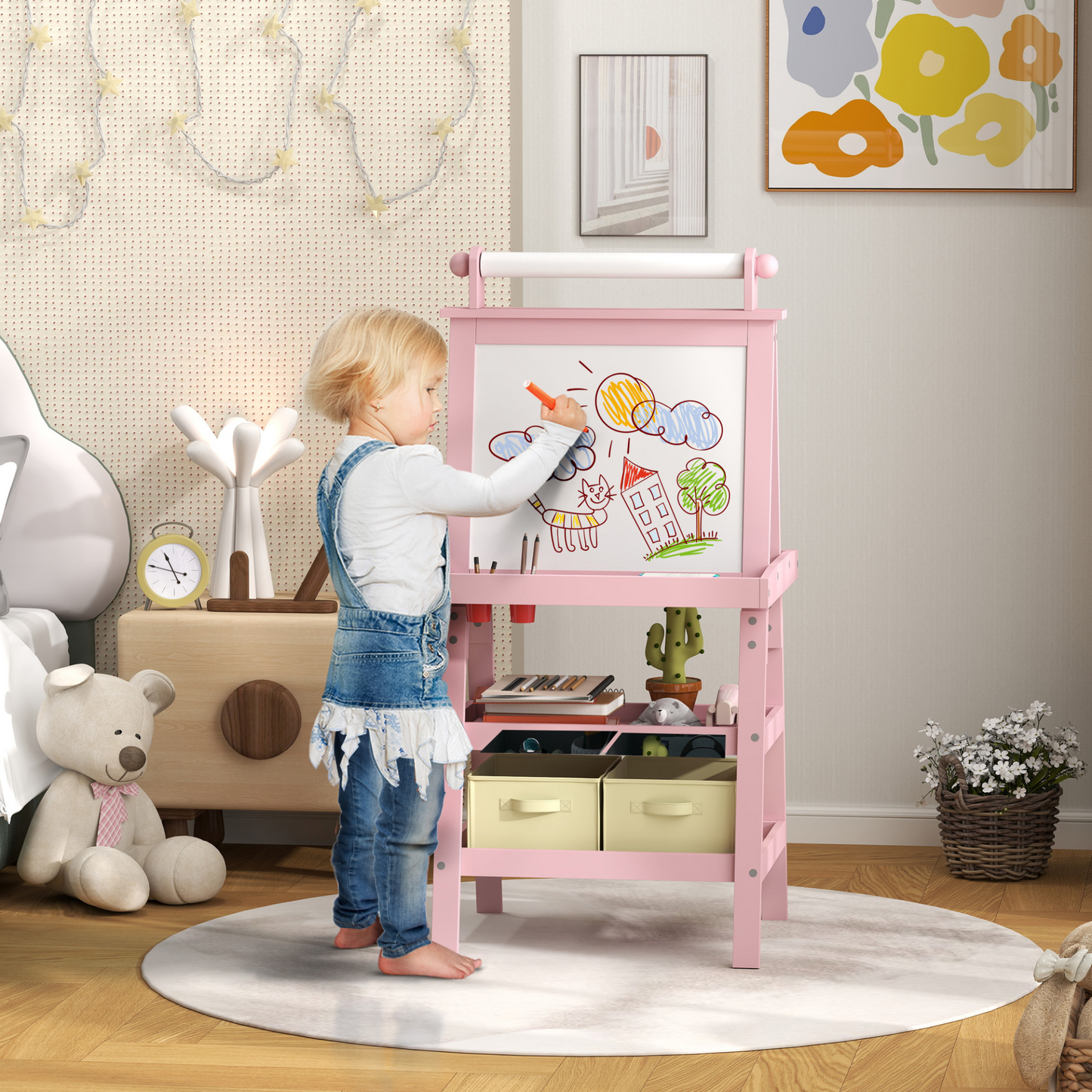 AIYAPLAY 3 in 1 Kids Easel Double-Sided Magnetic Whiteboard and Chalkboard with Paper Roll, Storage Baskets in Pink