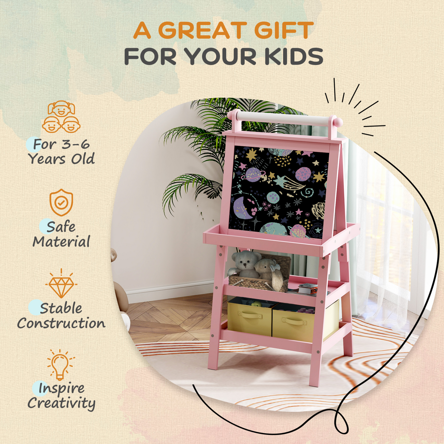 AIYAPLAY 3 in 1 Kids Easel Double-Sided Magnetic Whiteboard and Chalkboard with Paper Roll, Storage Baskets in Pink