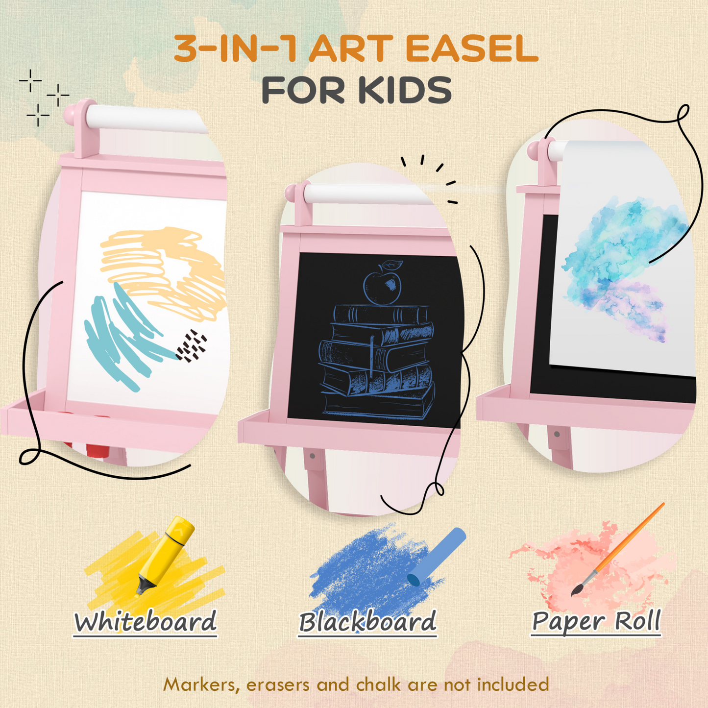 AIYAPLAY 3 in 1 Kids Easel Double-Sided Magnetic Whiteboard and Chalkboard with Paper Roll, Storage Baskets in Pink