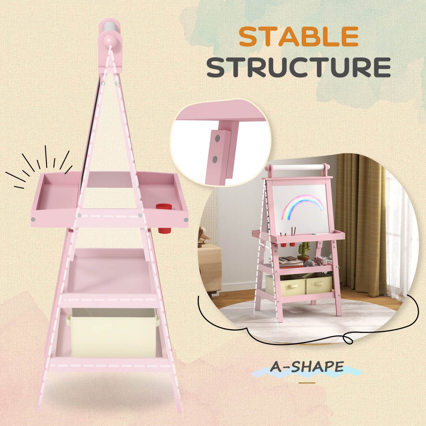 AIYAPLAY 3 in 1 Kids Easel Double-Sided Magnetic Whiteboard and Chalkboard with Paper Roll, Storage Baskets in Pink