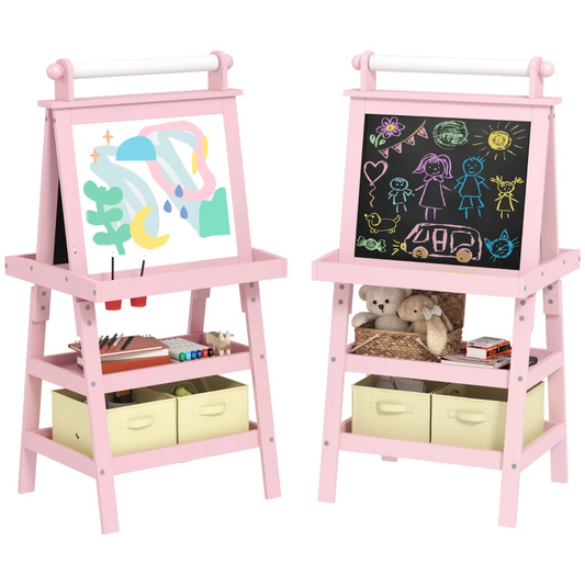 AIYAPLAY 3 in 1 Kids Easel Double-Sided Magnetic Whiteboard and Chalkboard with Paper Roll, Storage Baskets in Pink