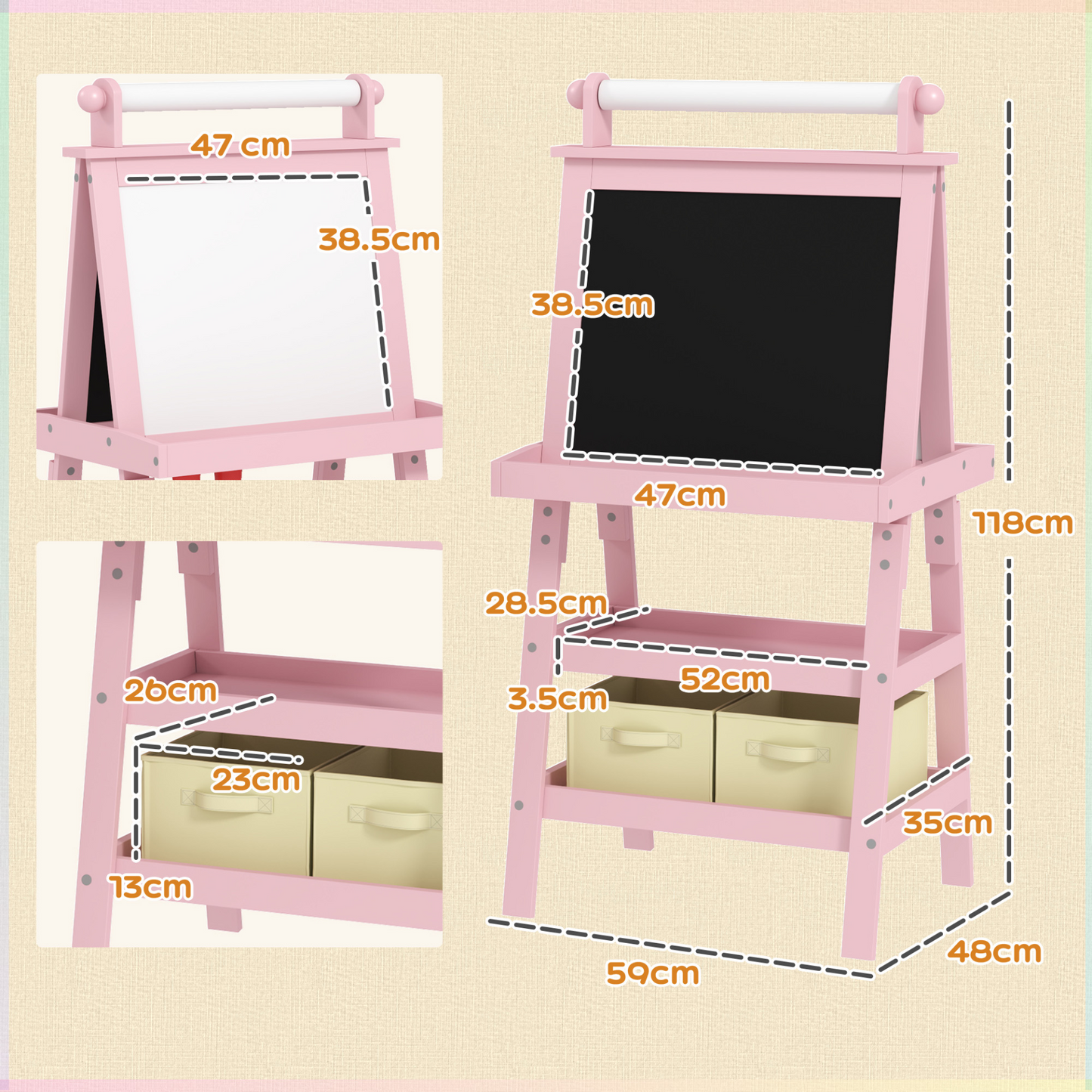AIYAPLAY 3 in 1 Kids Easel Double-Sided Magnetic Whiteboard and Chalkboard with Paper Roll, Storage Baskets in Pink