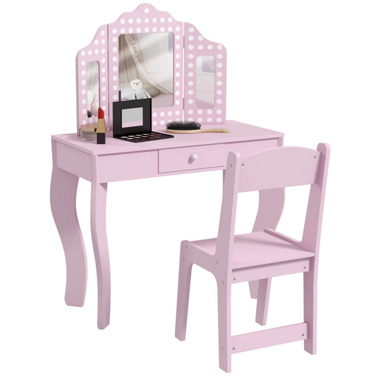 AIYAPLAY Kids Dressing Table Sets with Stool and Tri-Fold Mirror, Drawer for Playroom, Bedroom in Pink