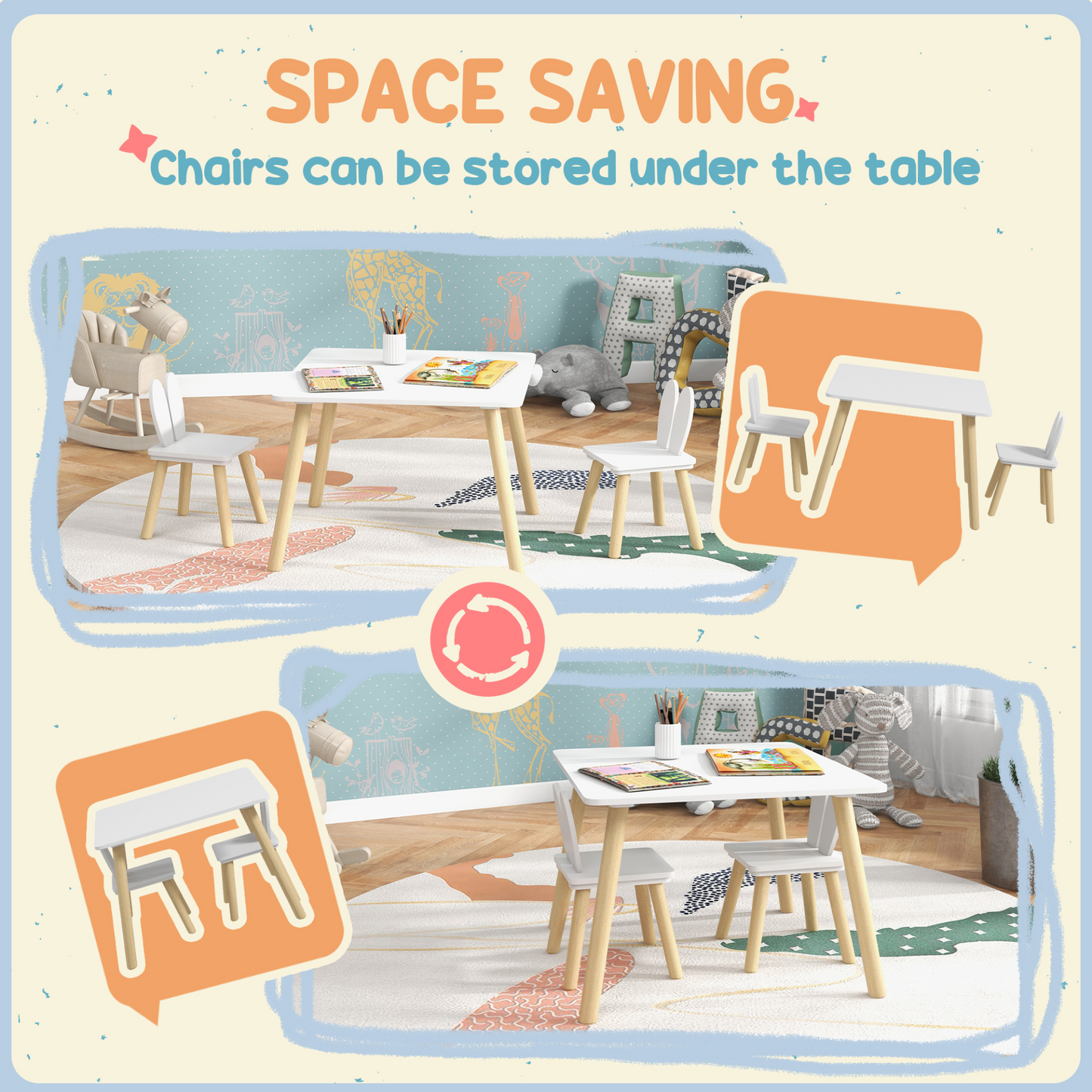 AIYAPLAY 3 Pcs Toddler Table and Chair Set, Kids Desk and 2 Chairs Set with Bunny Ear Backrest, for Nursery, Playroom