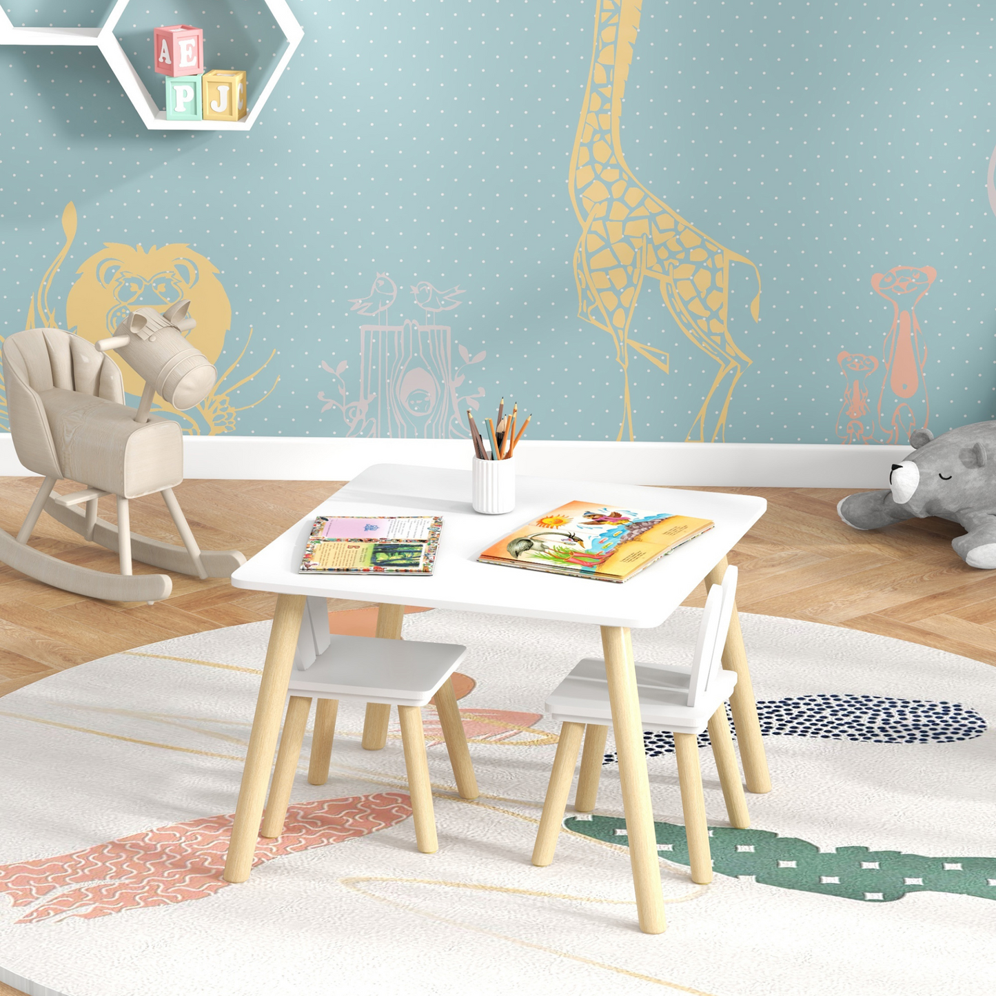 AIYAPLAY 3 Pcs Toddler Table and Chair Set, Kids Desk and 2 Chairs Set with Bunny Ear Backrest, for Nursery, Playroom