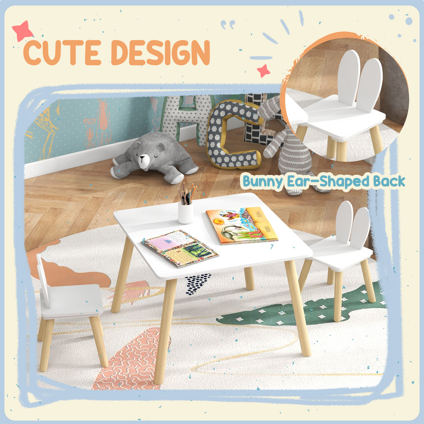 AIYAPLAY 3 Pcs Toddler Table and Chair Set, Kids Desk and 2 Chairs Set with Bunny Ear Backrest, for Nursery, Playroom
