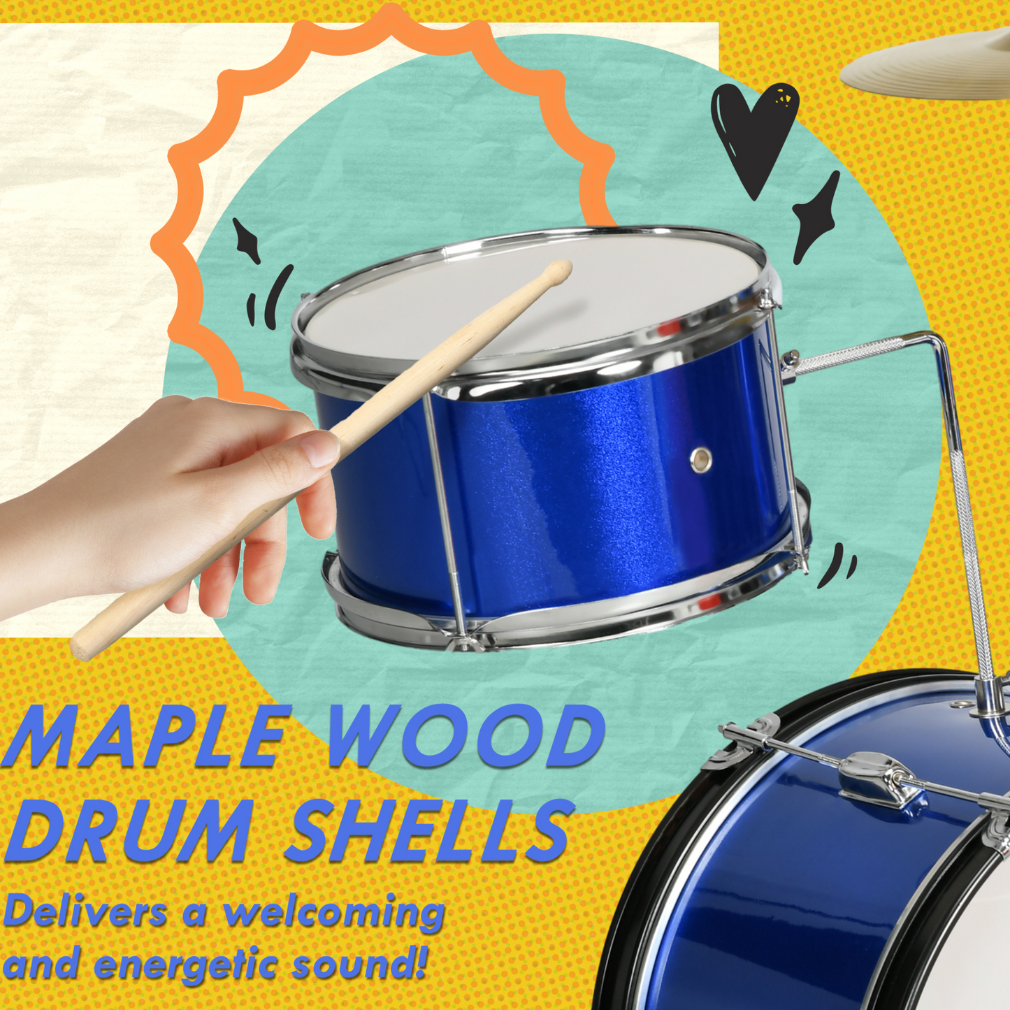 AIYAPLAY 11 Piece Kids Drum Kit with Stool, Drumsticks, Pedal, Cymbals, for 3-6 Years, Blue