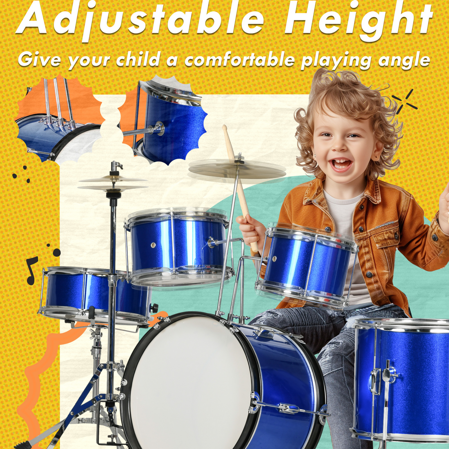 AIYAPLAY 11 Piece Kids Drum Kit with Stool, Drumsticks, Pedal, Cymbals, for 3-6 Years, Blue