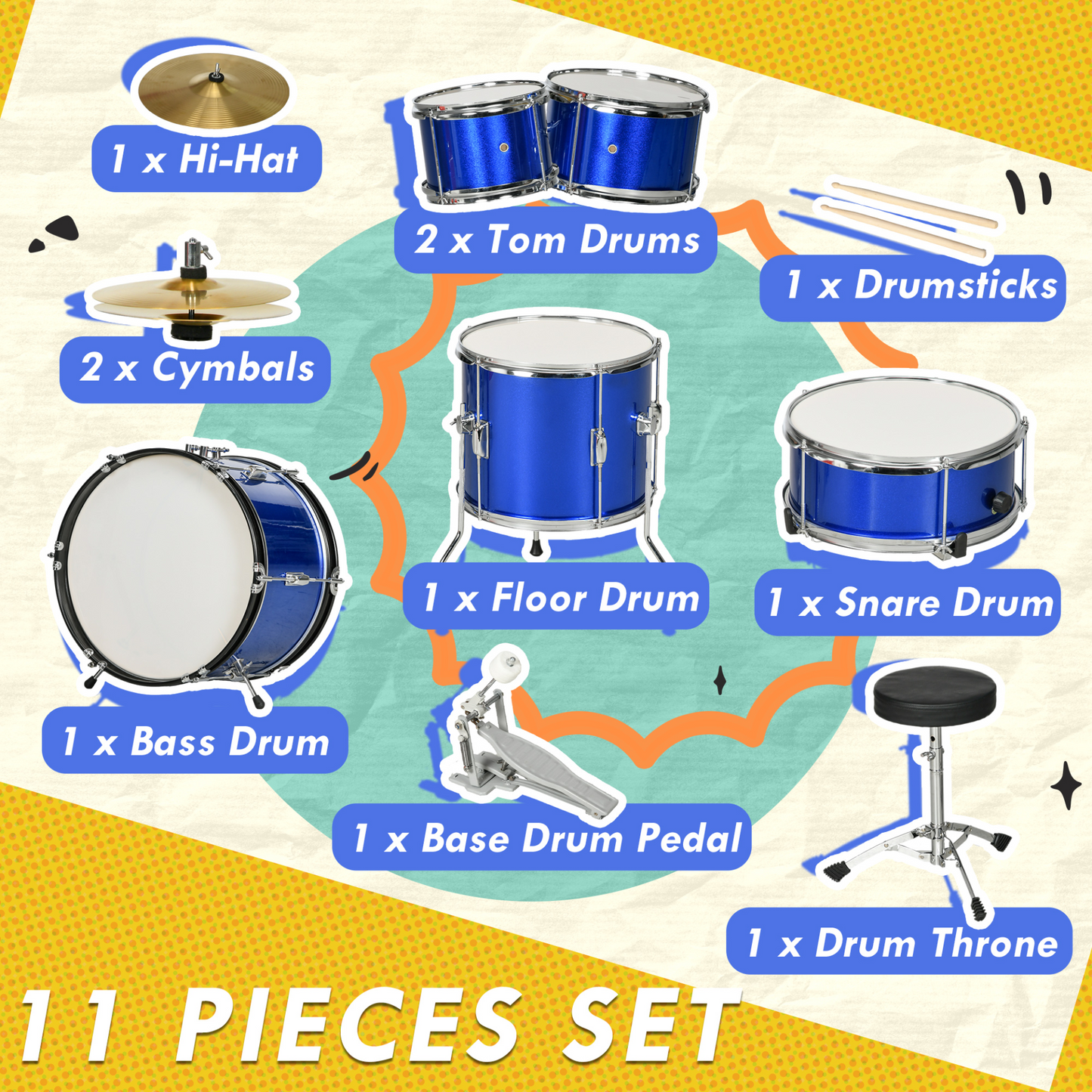 AIYAPLAY 11 Piece Kids Drum Kit with Stool, Drumsticks, Pedal, Cymbals, for 3-6 Years, Blue