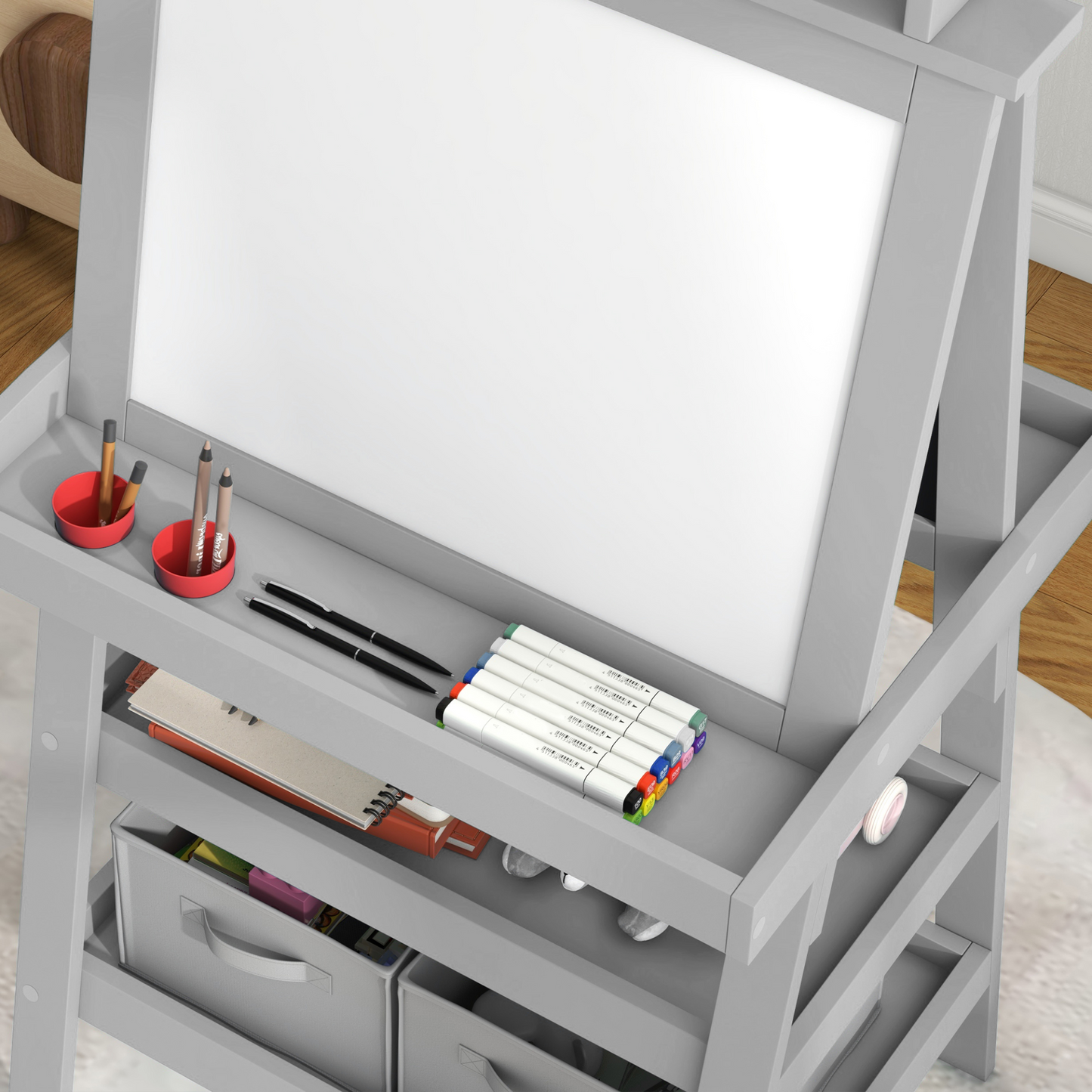 AIYAPLAY 3 in 1 Kids Easel Double-Sided Magnetic Whiteboard and Chalkboard with Paper Roll, Storage Baskets in Grey