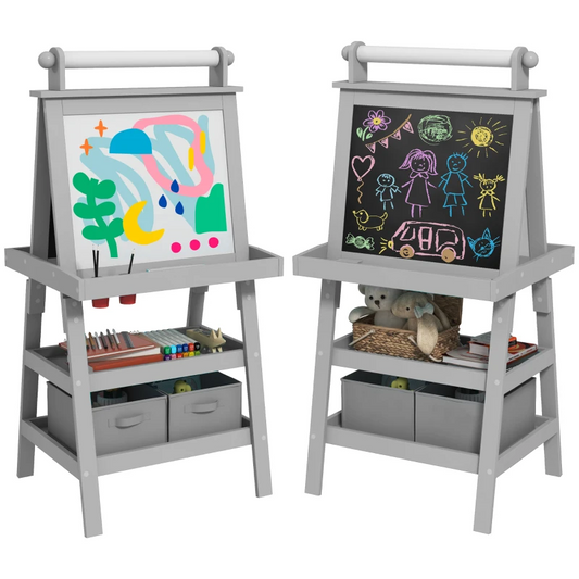 AIYAPLAY 3 in 1 Kids Easel Double-Sided Magnetic Whiteboard and Chalkboard with Paper Roll, Storage Baskets in Grey