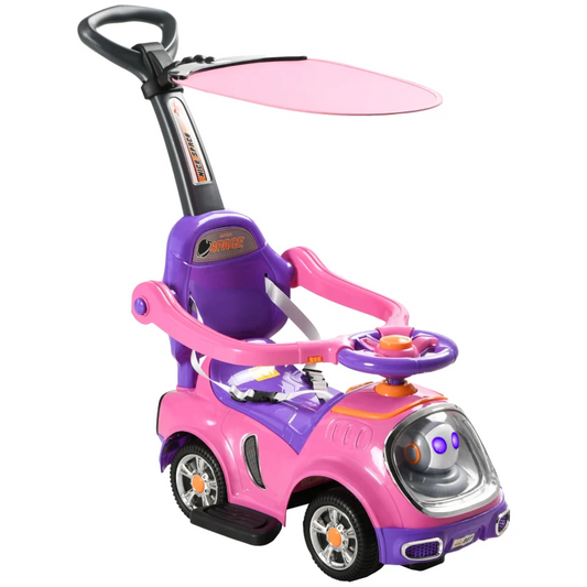 AIYAPLAY 3 in 1 Ride on Push Car, Cartoon Robot Theme Foot to Floor Slider with Handle Light Music Horn, Storage in Pink