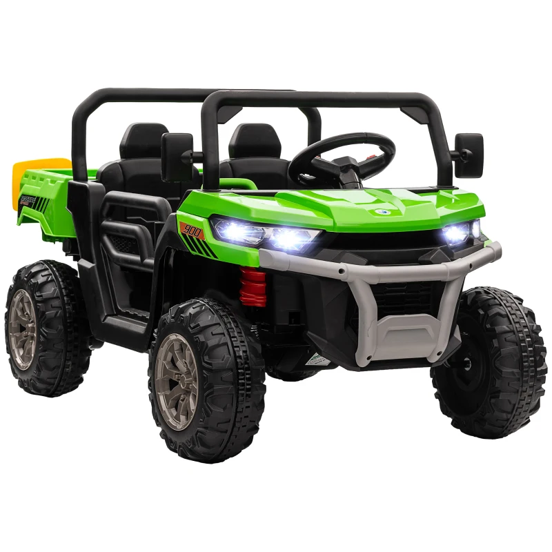 HOMCOM 12V Kids Electric Ride-On Car, with Electric Bucket, Remote Control in Green with 2 Seats