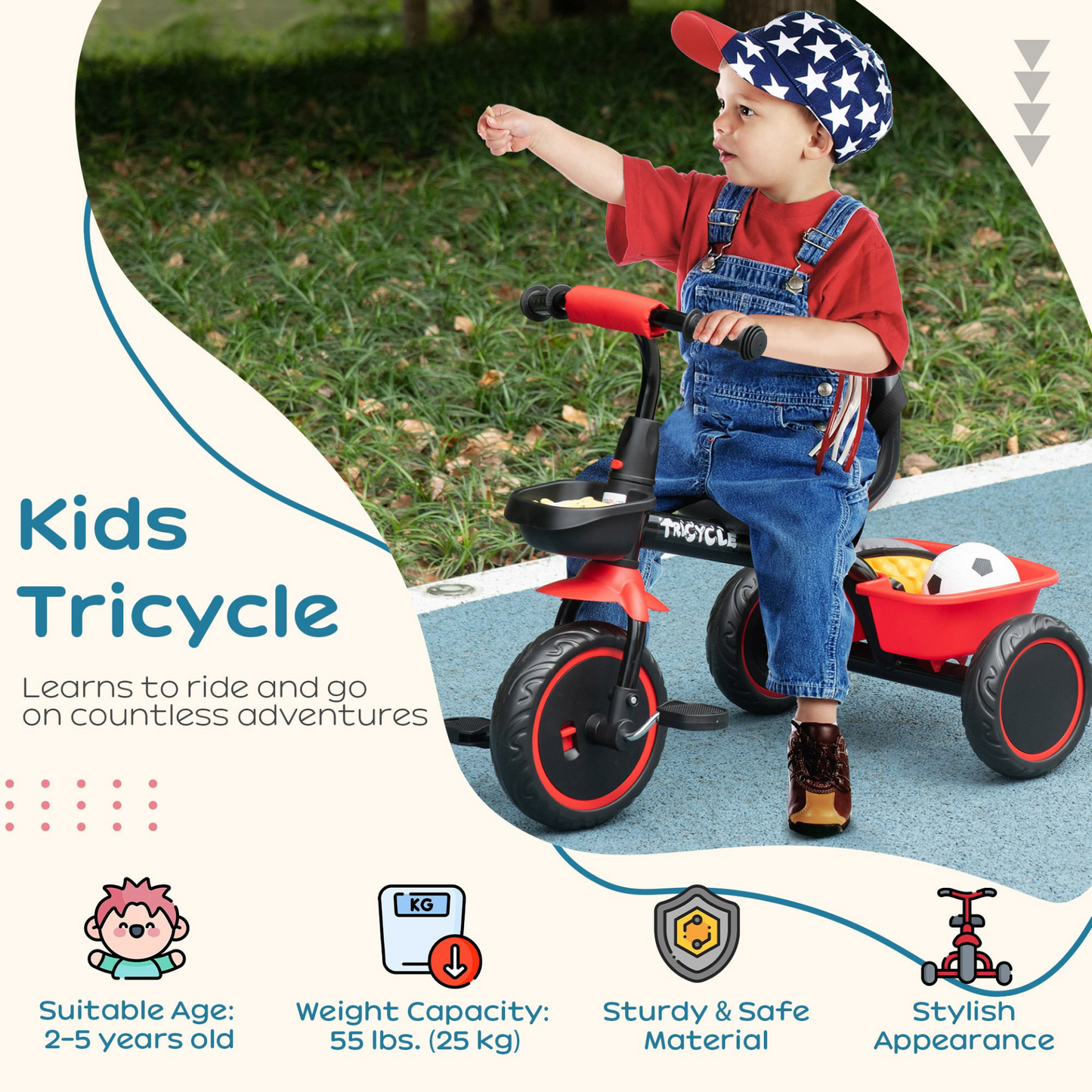 AIYAPLAY Kids Trike for 2-5 Years with Adjustable Seat, Pedal, Baskets in Red