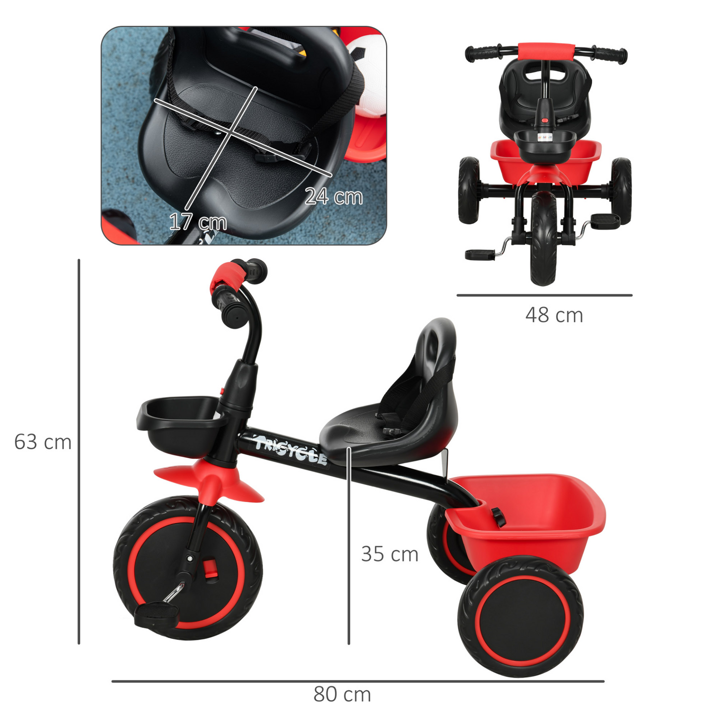 AIYAPLAY Kids Trike for 2-5 Years with Adjustable Seat, Pedal, Baskets in Red