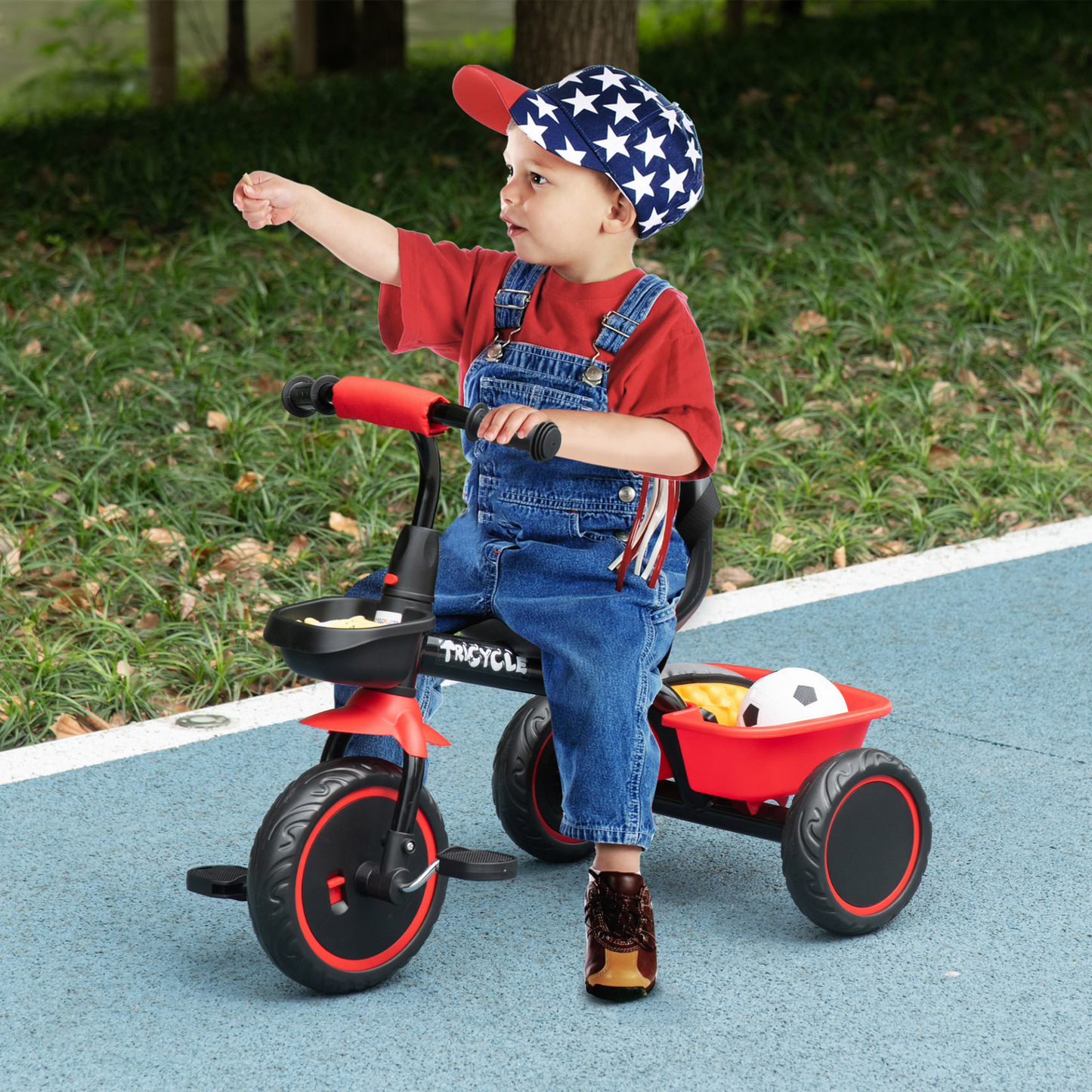 AIYAPLAY Kids Trike for 2-5 Years with Adjustable Seat, Pedal, Baskets in Red