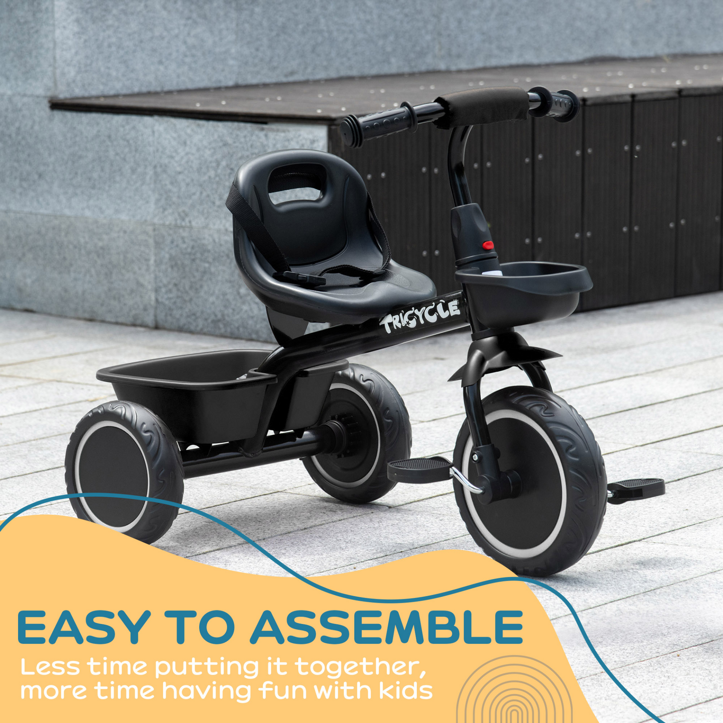 Kids Pedal Trike with Adjustable Seat and Baskets in Black for 2-5 Years by AIYAPLAY