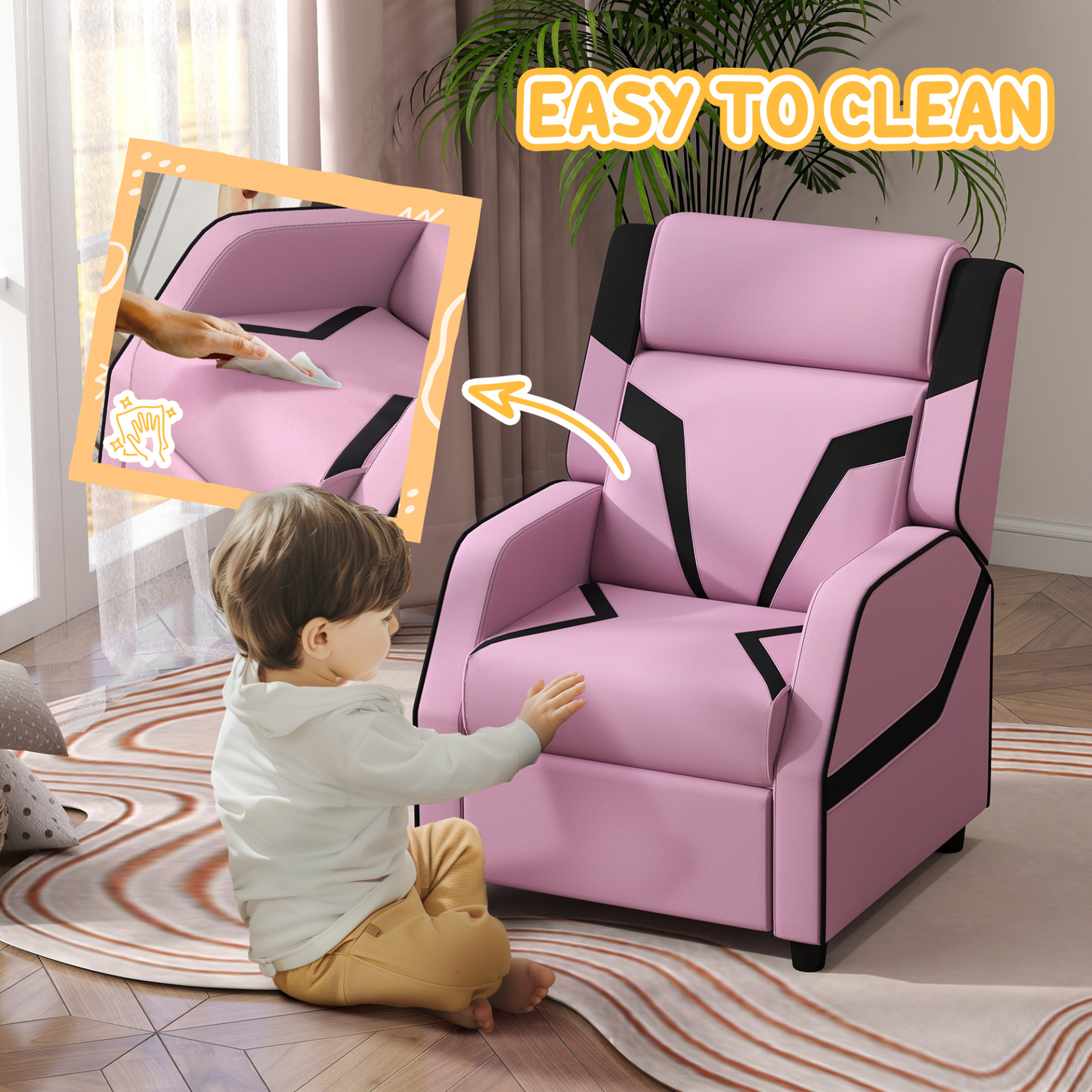 Pink Kids Reclining Chair with Backrest, Armrest, Footrest, PU Leather, for 3-9 Years Old by AIYAPLAY