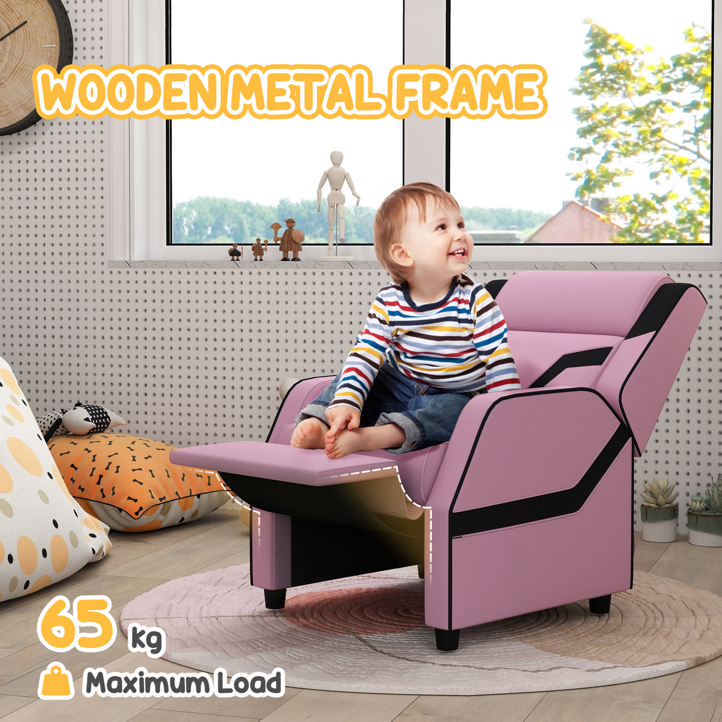 Pink Kids Reclining Chair with Backrest, Armrest, Footrest, PU Leather, for 3-9 Years Old by AIYAPLAY